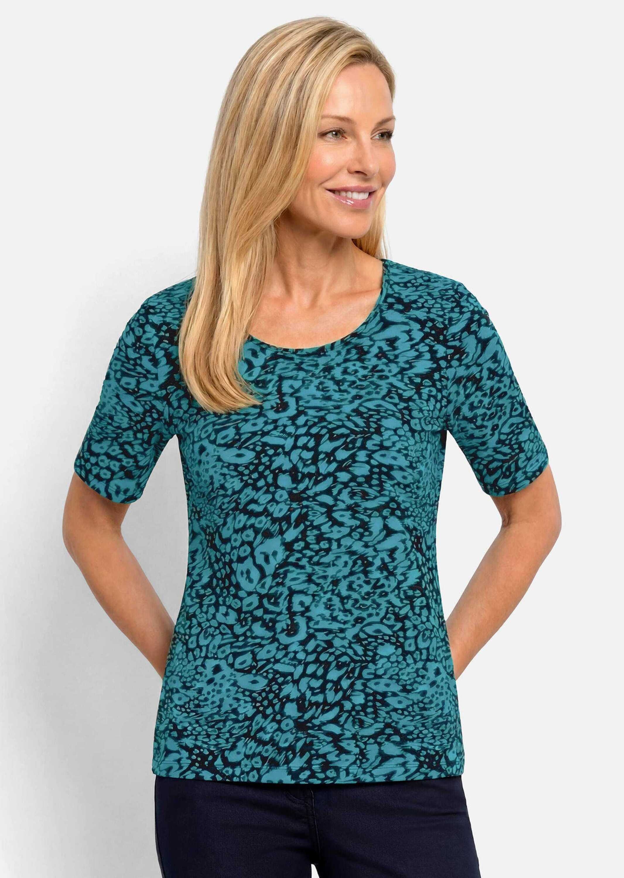 GOLDNER Kurzarmshirt »Kurzgröße Viskoseshirt mit Leo Print« stretchbequemer Viskosejersey
