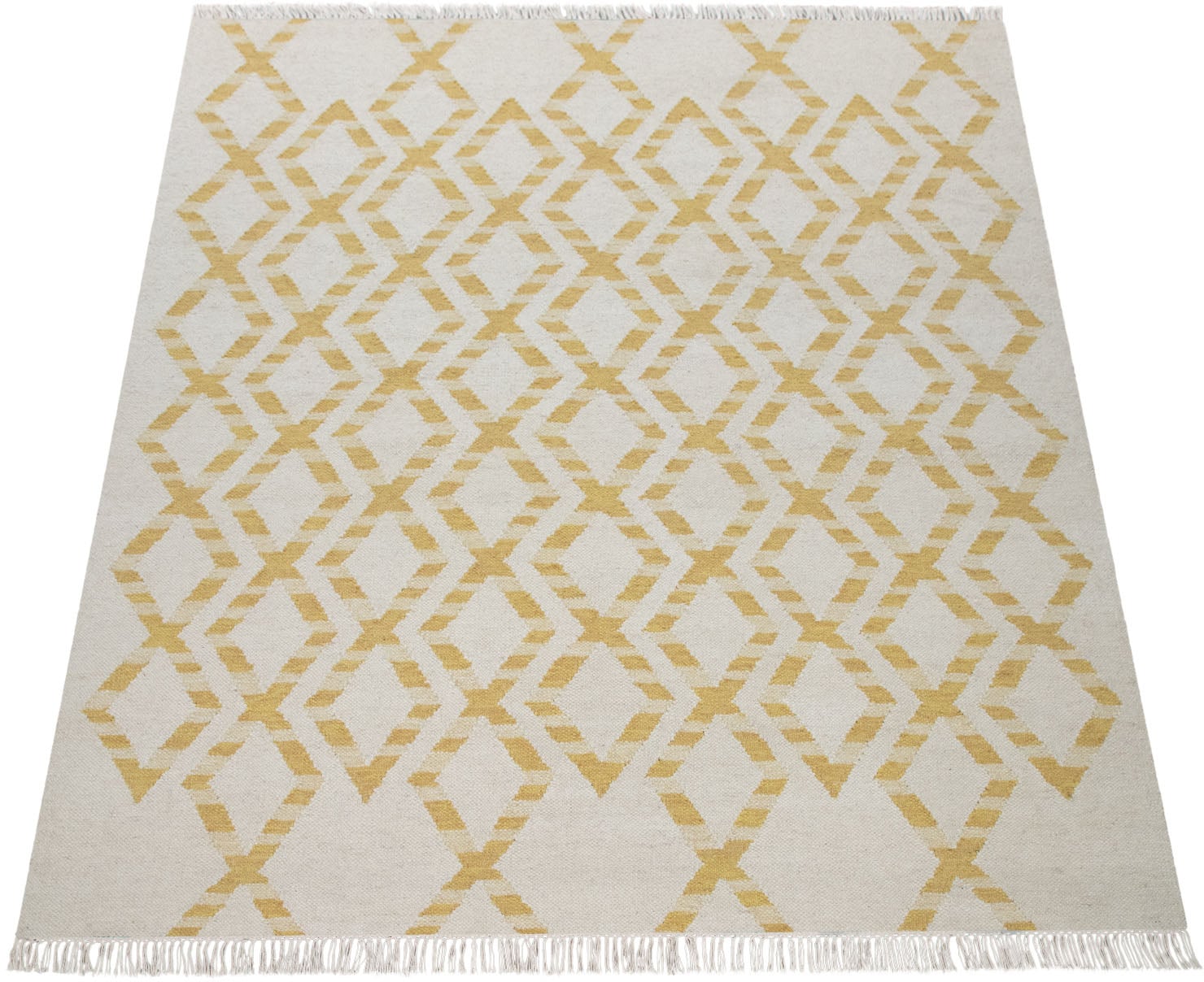 Paco Home Wollteppich »Kenitra 502« rechteckig 12 mm Höhe Flachgewebe, reine Wolle, handgewebt, Rauten Design, mit Fransen