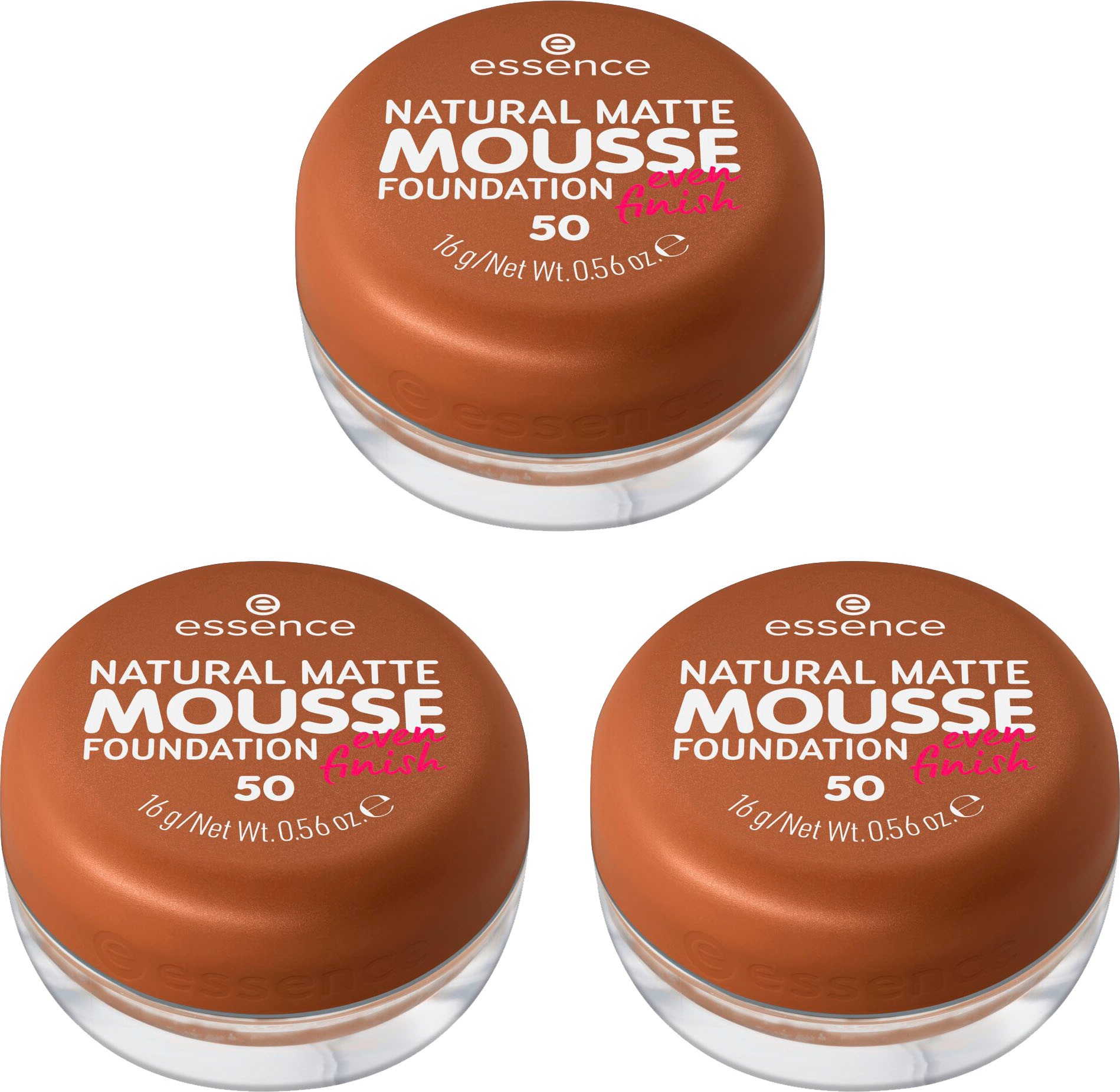 Essence Foundation »NATURAL MATTE MOUSSE FOUNDATION«, (3er Pack)