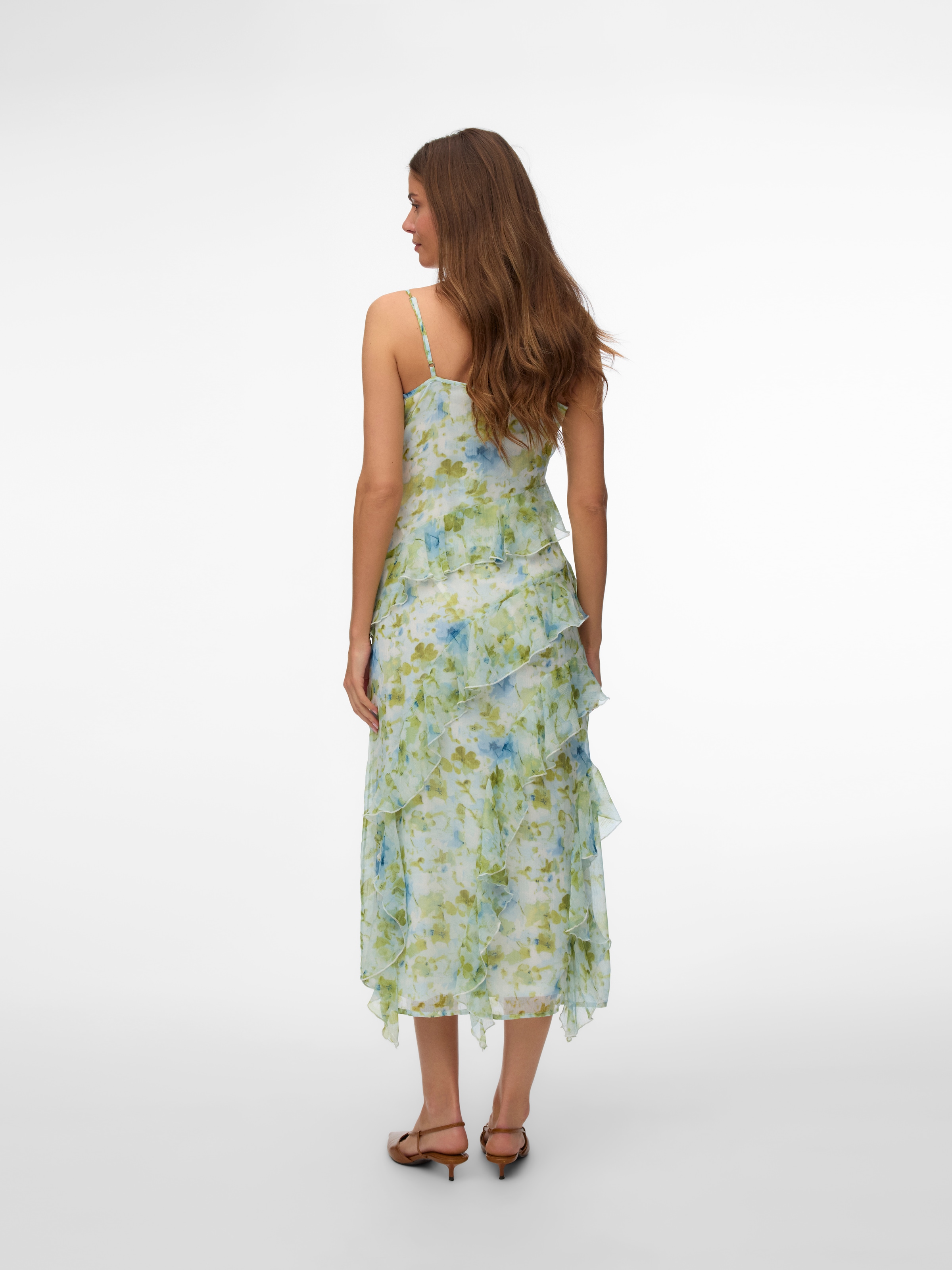 Vero Moda Trägerkleid »VMSMILLA S/L V-NECK LONG FRILL DRESS WVN« Kunstfaser