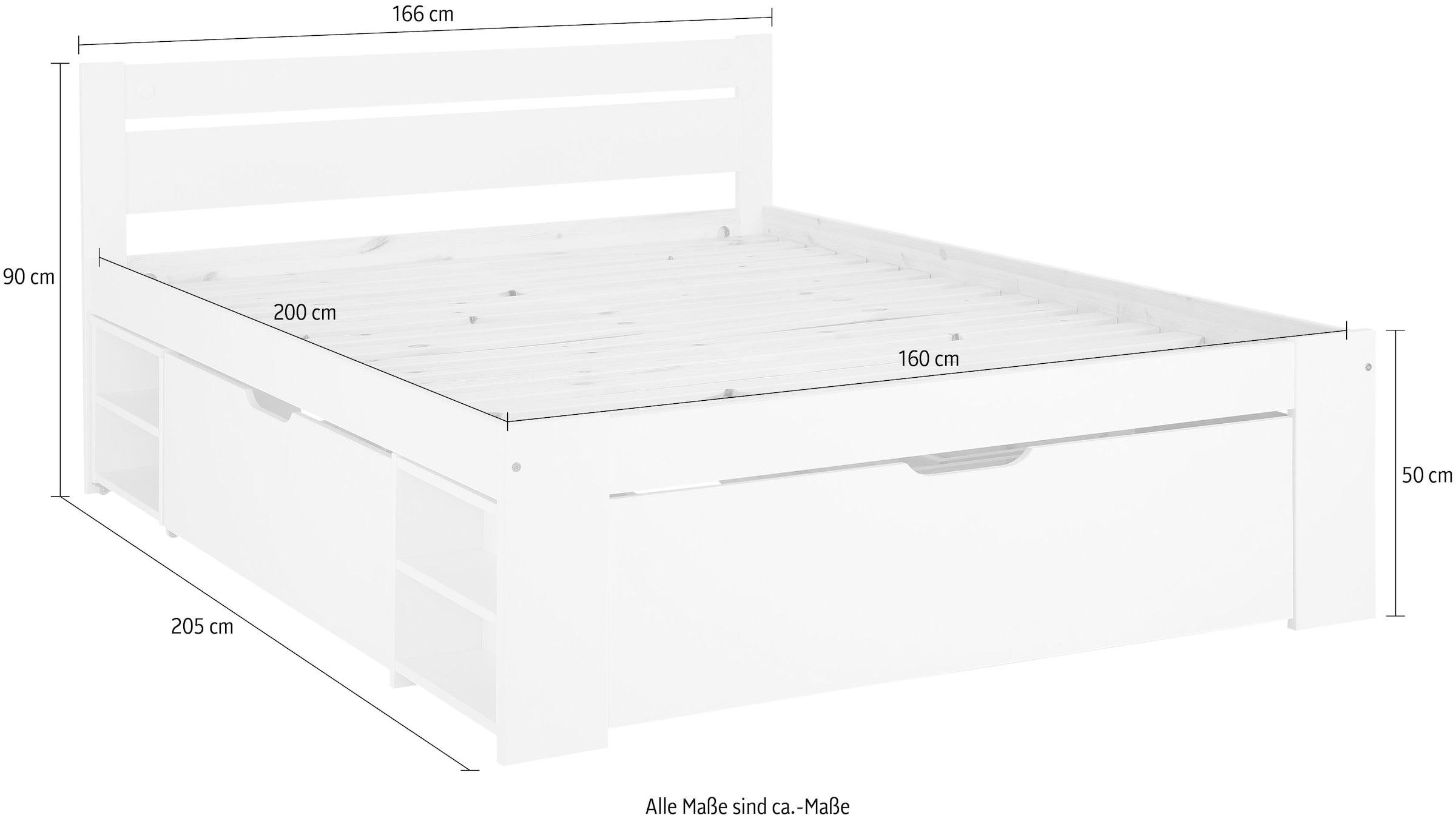 Home affaire Massivholzbett »"HANNES " mit Schubladen und Regalen, Nachtschrank ausziehbar, stabil«, FSC®-zertifiziertes Kiefernholz, ideal für kleine Räume