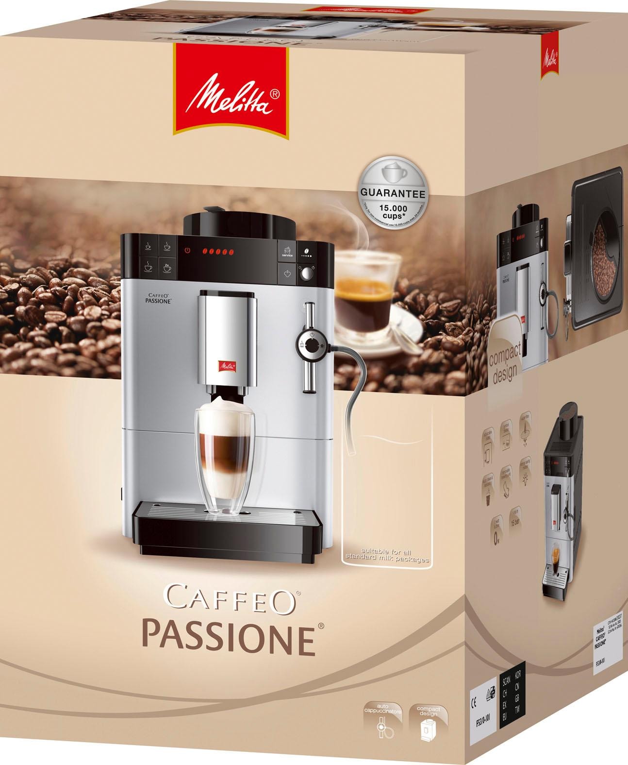 Melitta Kaffeevollautomat »Passione® jetzt F53/1-101, Shop Tassengenau Online & silber«, für Touch gemahlen, im OTTO One frisch Service-Taste Entkalkung Reinigung