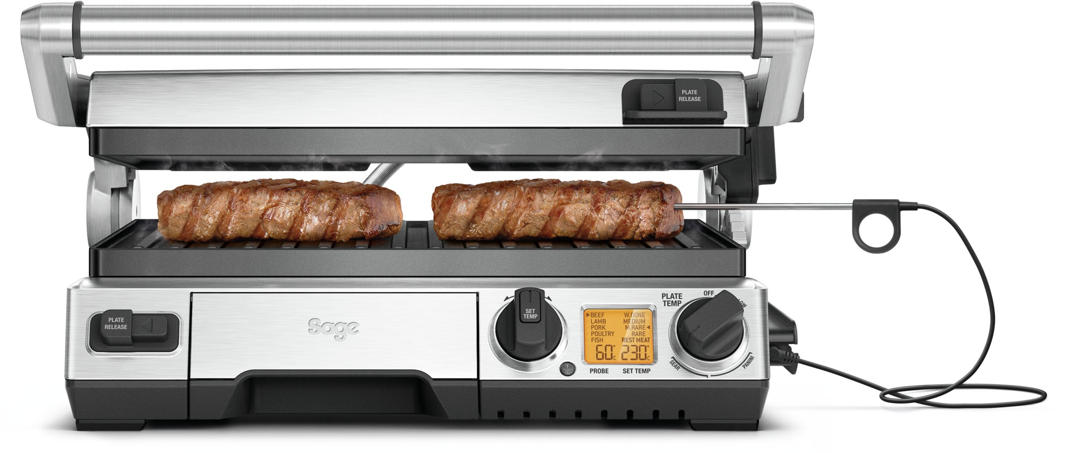 Sage Kontaktgrill »the Smart Grill Pro, BGR840BSS« 2400 W antihaftbeschichtete und geneigte Grillfläche in silberfarben