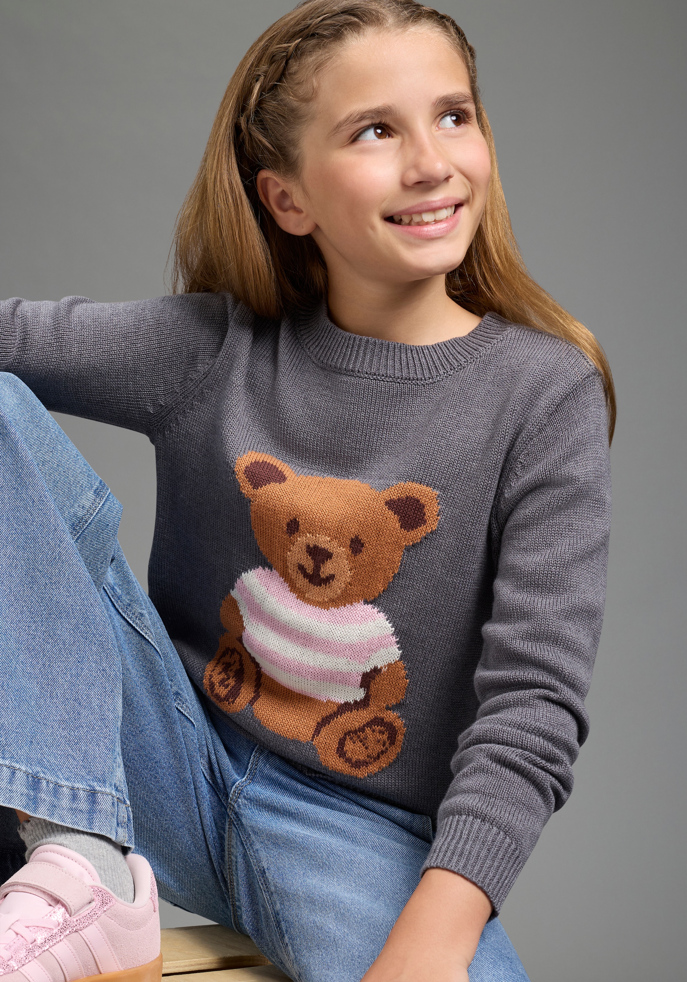 KIDSWORLD Strickpullover »Pullover mit Bär-Design« aufwendiger Jaccquardpulli aus Baumwolle, hüftlange Passform