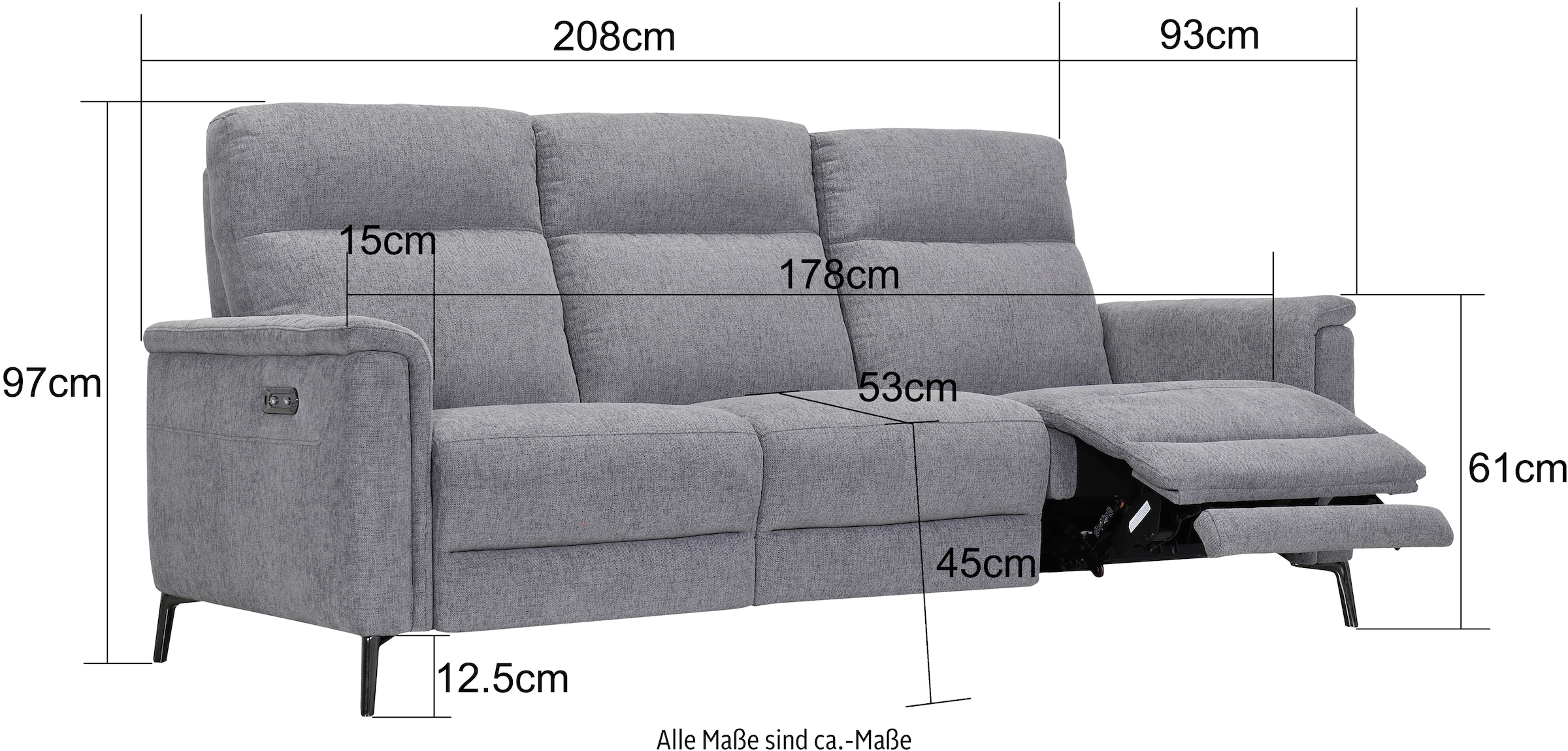 Places of Style 3-Sitzer »Barano, Relaxsofa in Leder und Webstoff«, elektrische Relaxfunktion in 2 Sitzen, Kopfteilverstellung und USB
