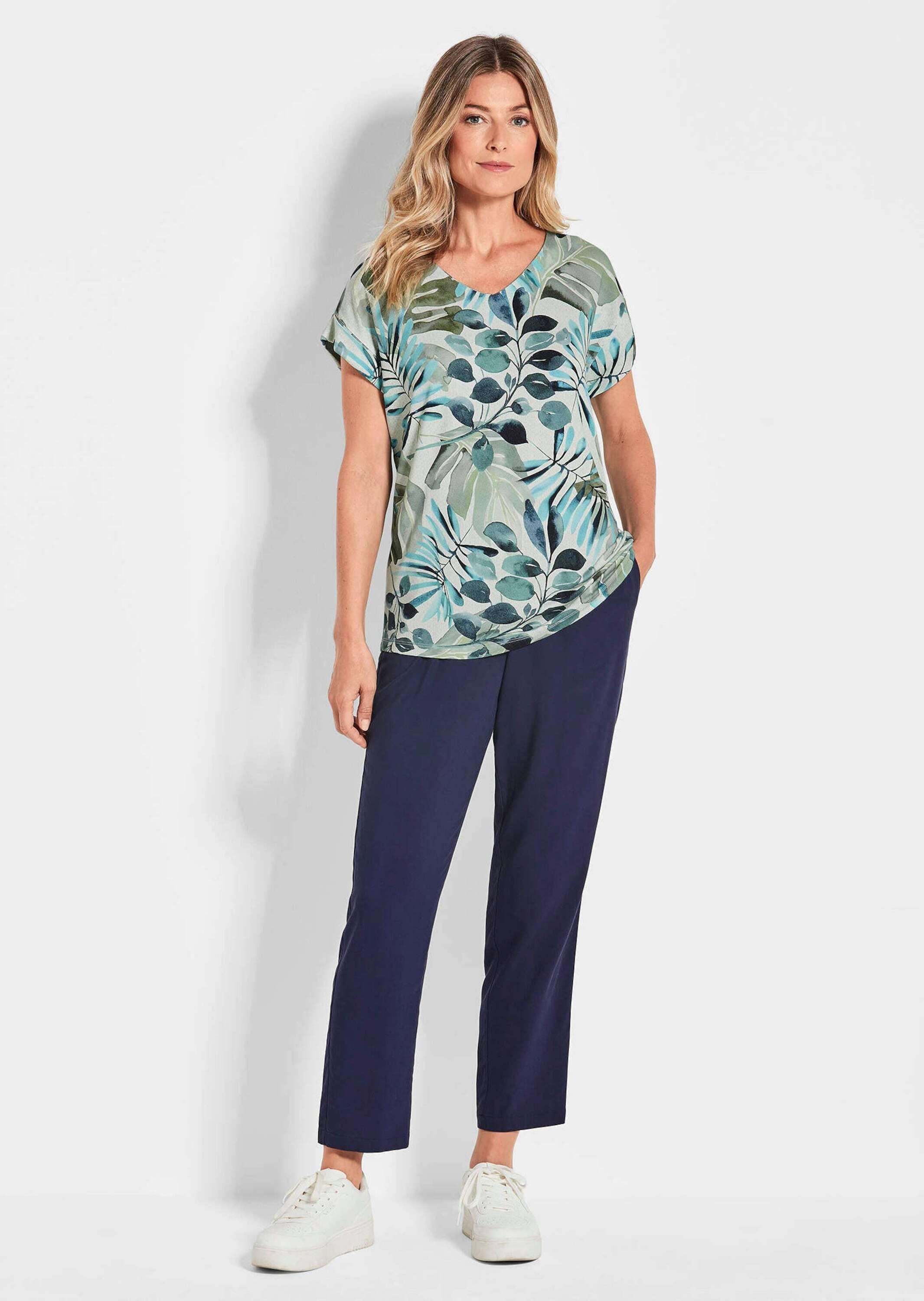 GOLDNER Kurzarmshirt »Sommershirt mit Print, V-Ausschnitt« kleiner Aufschlag am Armabschluss