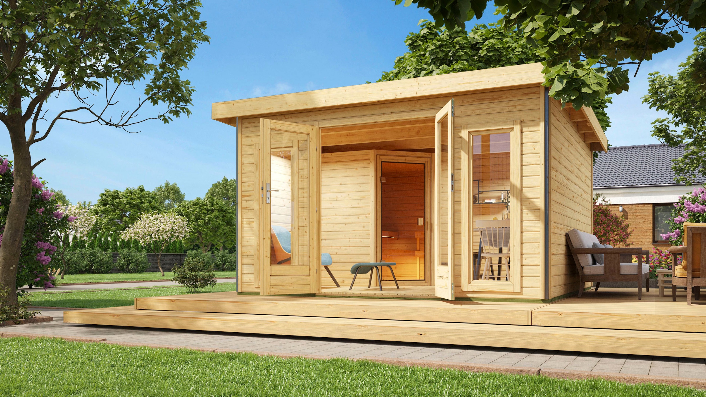 KONIFERA Saunahaus »Maiko 3 SET A«, naturbelassen, mit Ofen 9 kW Bio ext. Steuerung