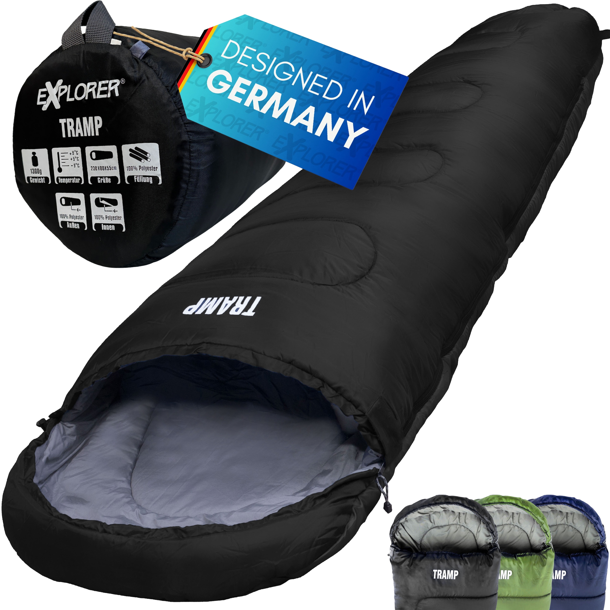 EXPLORER Mumienschlafsack »TRAMP Camping Schlafsack 230x80x55cm Outdoor«, (+9°C bis -9°C warm Frühling/Sommer/Herbst Reise Festival), kombinierbar leicht 1300g
