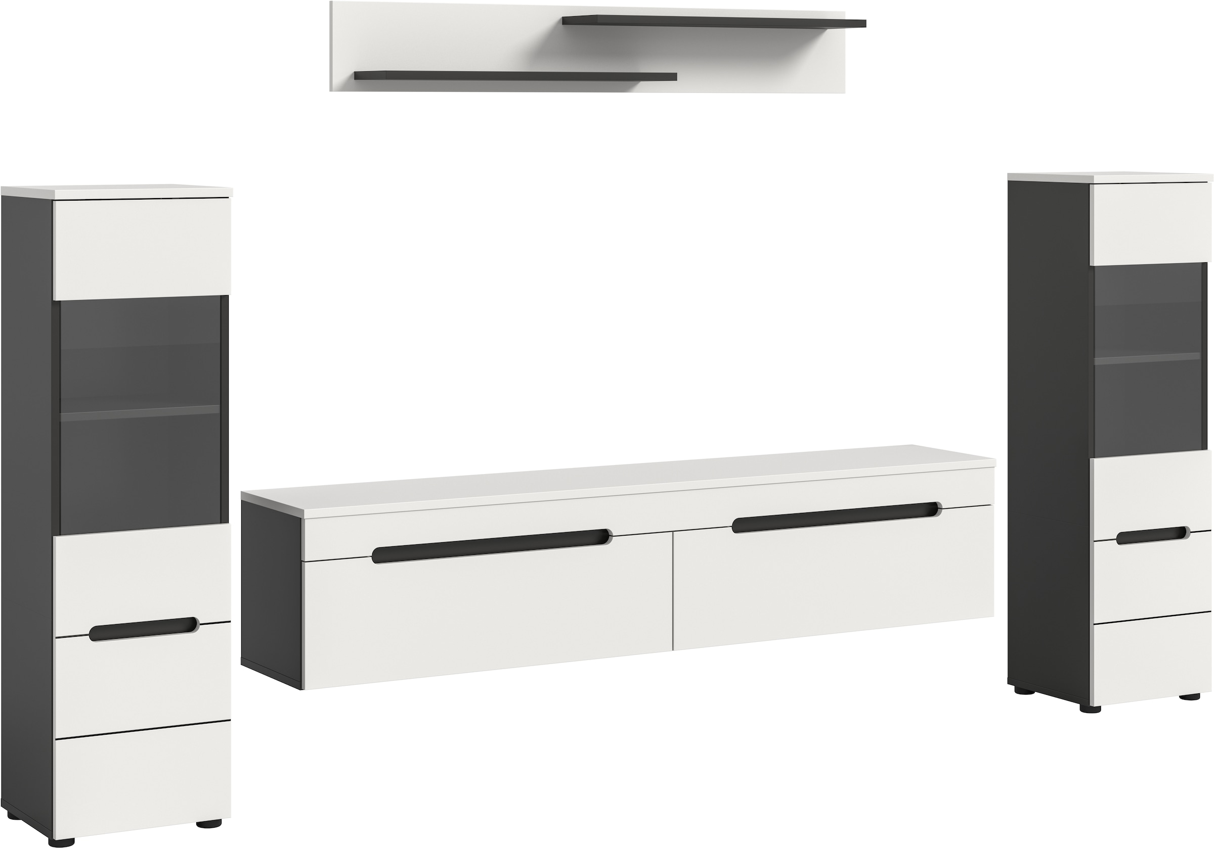 Home affaire Wohnwand »REHAT, TOPSELLER!, 4-teilig, wahlweise stehend und hängend montierbar« Set bestehend aus: 2x Vitrine, Lowboard und Wandboard, 3 Stk. tlg.