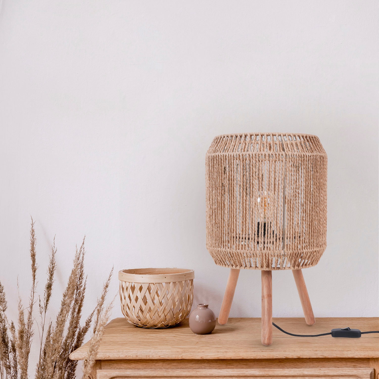 Paco Home Tischleuchte »SOL«, Leuchtmittel E27 | ohne Leuchtmittel, Boho Deko Lampenschirm Korb Holz E27
