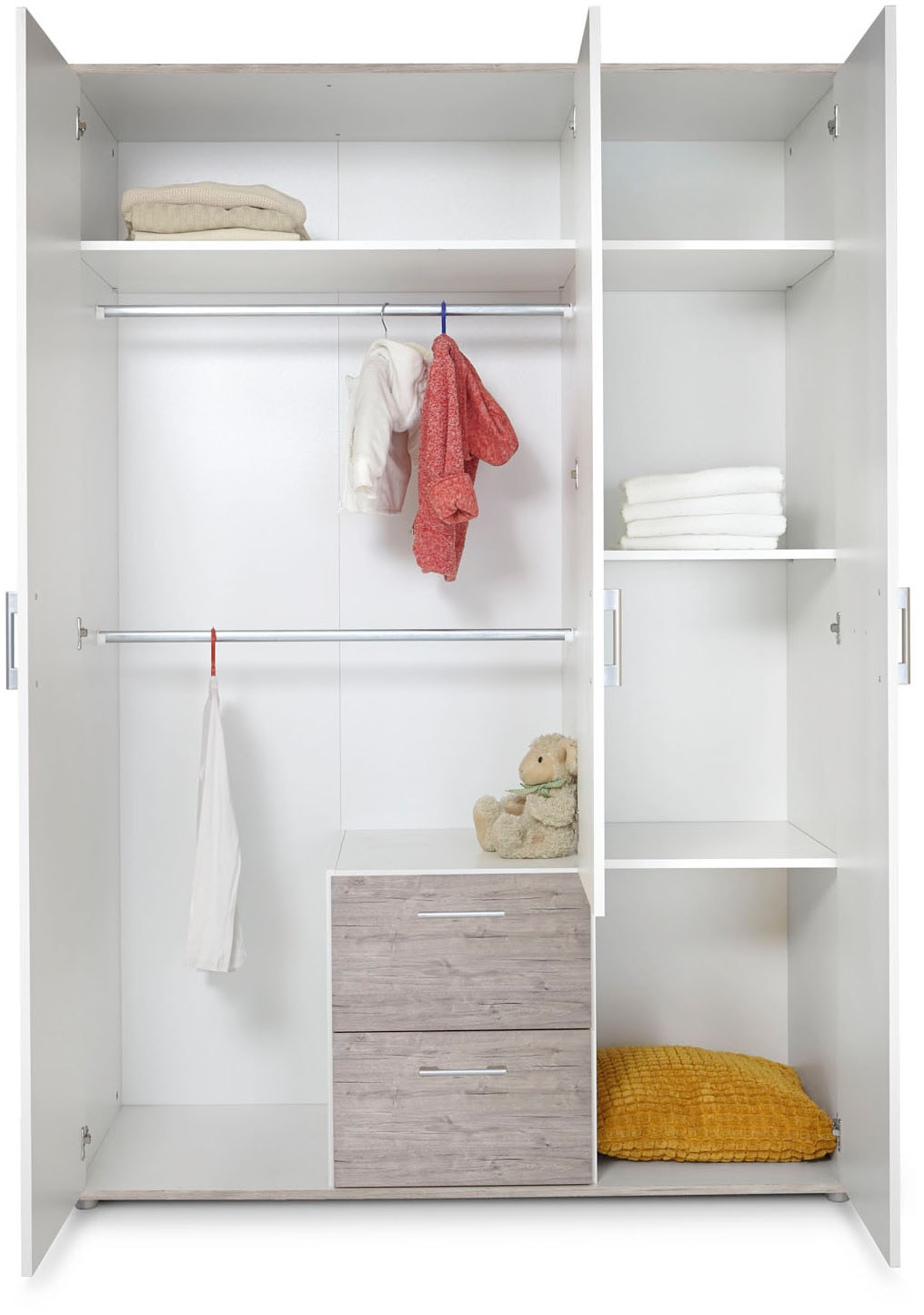 Home affaire Kinderkleiderschrank »Kleiderschrank »Rieke« 3-türig mit 2 Schubkästen«, (1 St.), 2 Kleiderstangen, 3 Drehtüren, 2 Schubkästen