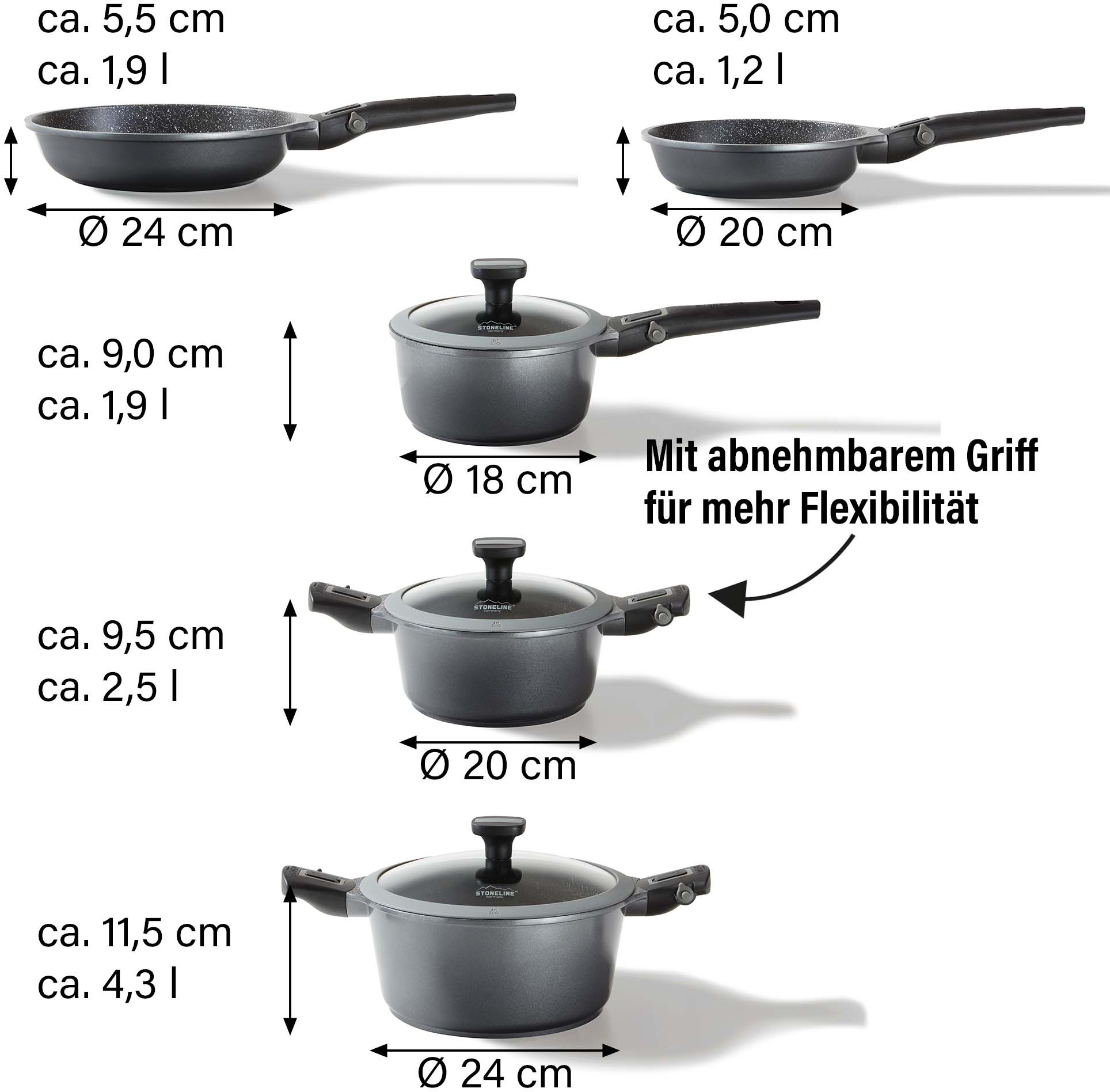 STONELINE Topf-Set »Imagination PLUS«, Aluminiumguss, (Set, 8 tlg., Bratentopf 24 cm, Kochtopf 20 cm, Stieltopf 18 cm, Bratpfanne 20/24 cm), abnahmbare Griffe, Induktion