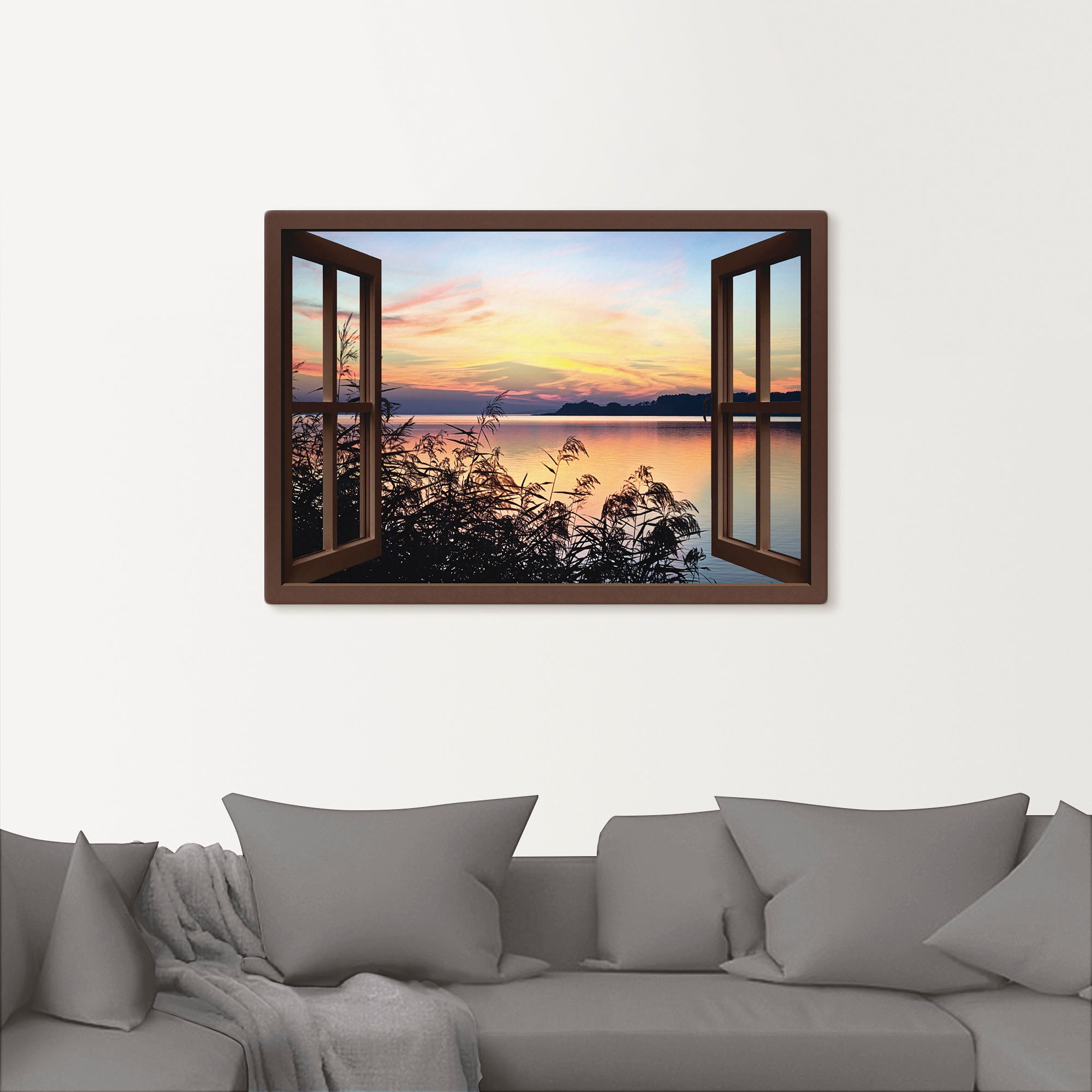 Artland Wandbild »Fensterblick - Abendrot im Schilf«, Fensterblick, (1 St.), als Leinwandbild, Poster in verschied. Größen