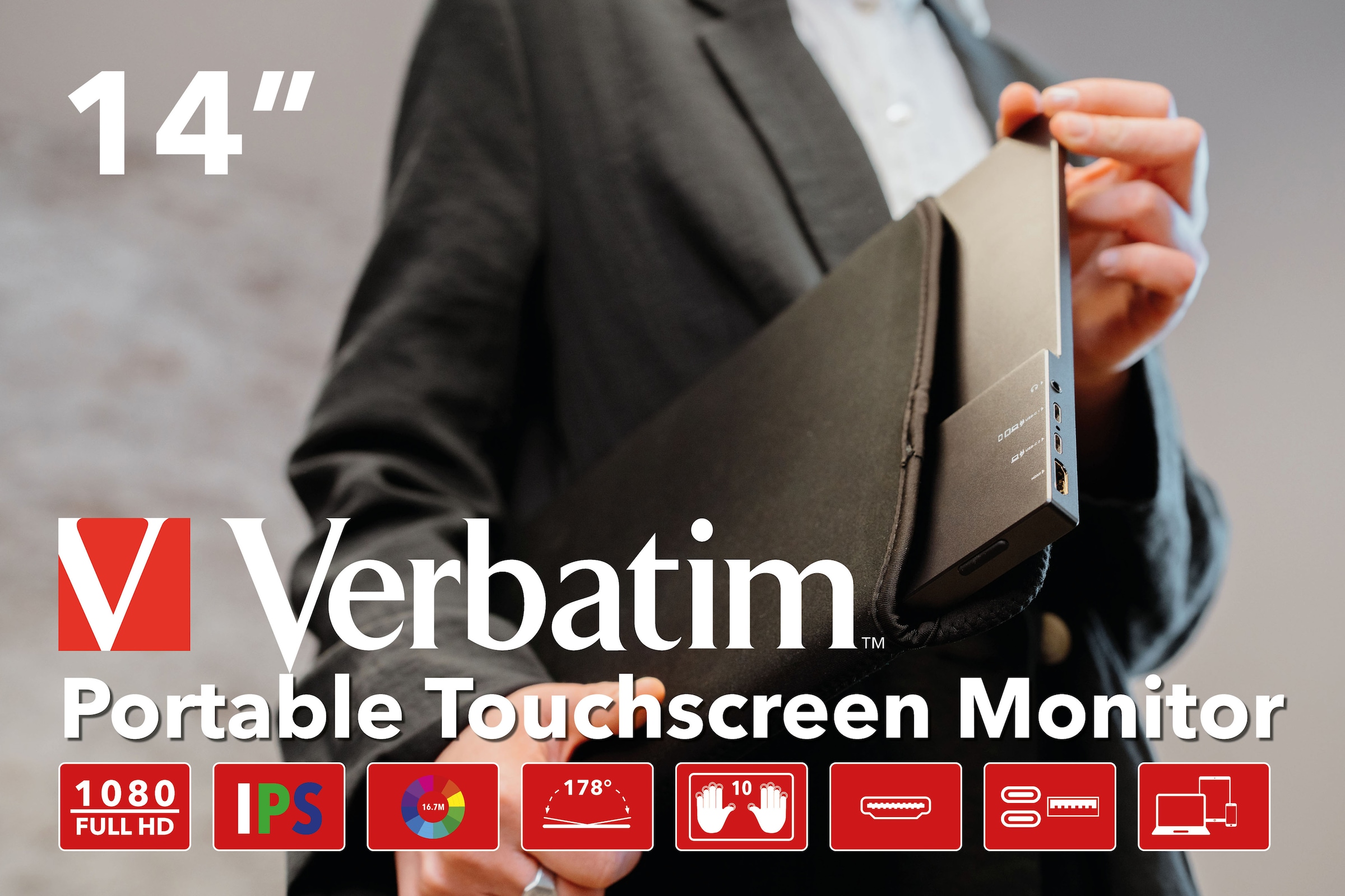 Verbatim Portabler Monitor »49591 Verbatim PMT-14« 36 cm/14 ″  1920 x 1080 px Full HD 6 Reaktionszeit 60 Hz