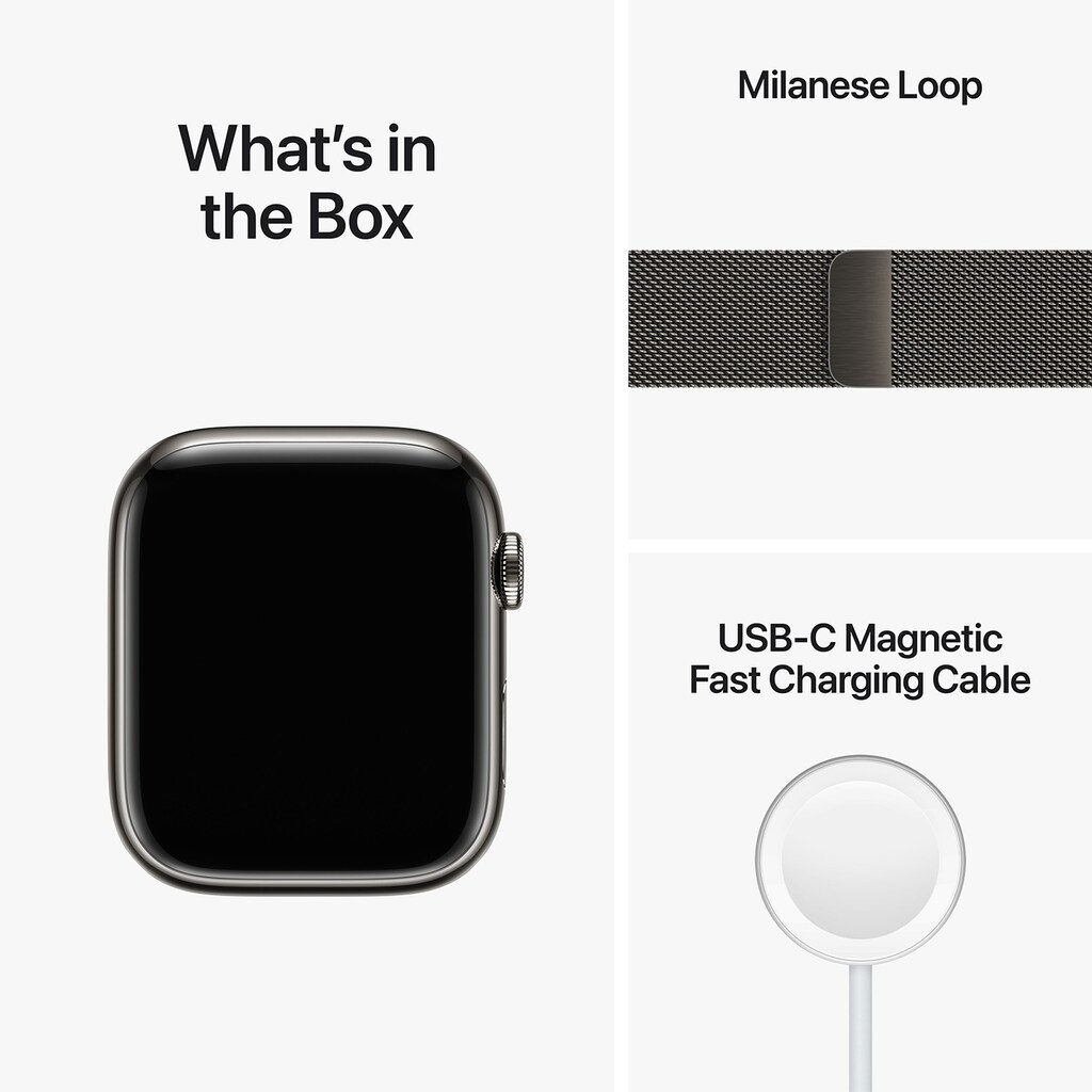 Apple Watch Series 8 GPS + Cellular, 45 mm Edelstahlgehäuse Graphit, Milanaise Armband