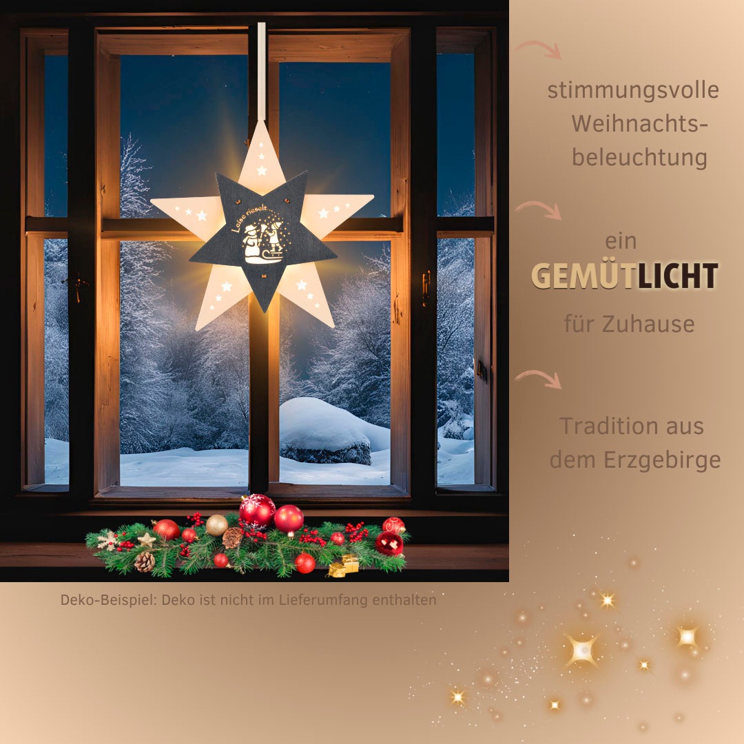 Weigla Dekostern »LED Leise rieselt der Schnee, beleuchtetes Fensterbild, WEIẞ-GRAU«, (1 St.), Erzgebirge garantiert, Weihnachtsdeko Innen, Weihnachtsbeleuchtung