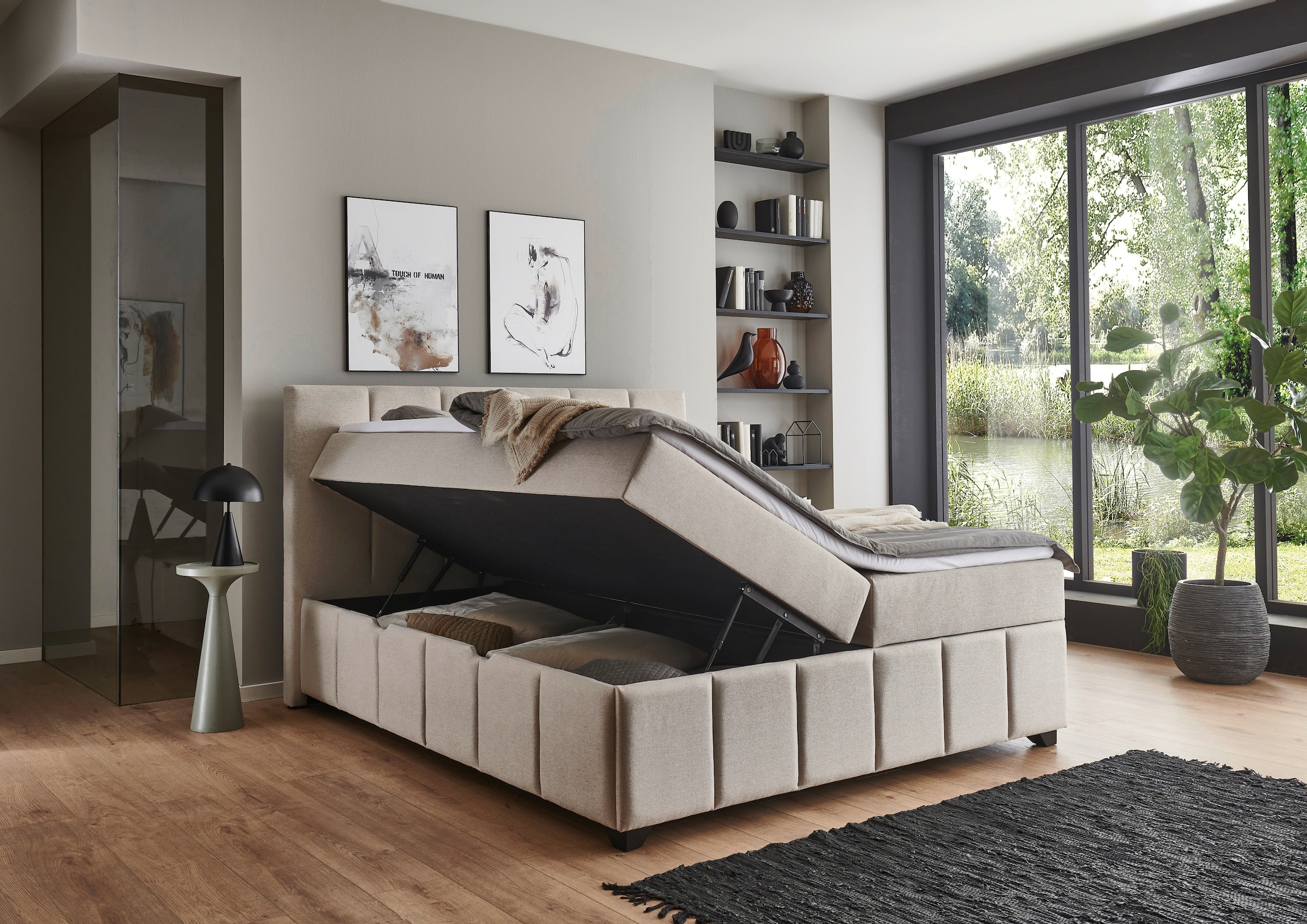 Home affaire Boxbett »BELLAH, Polsterbett mit Bettkasten, inkl. Taschenfederkernmatratze H3« mit Kaltschaum-Topper, Strukturstoff-Bezug, Liegefläche 180x200 cm