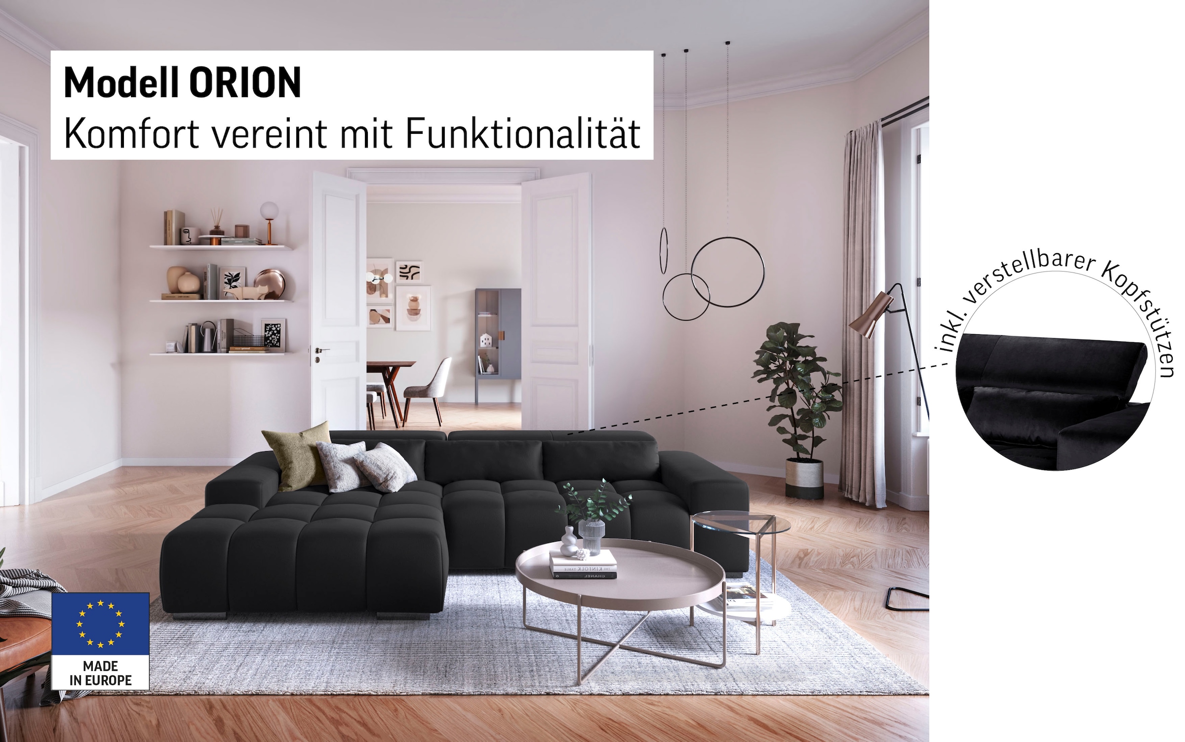 COTTA Ecksofa »Orion L-Form, B: 307 cm« 2x Kopfteilverstellung & 3 Nierenkissen
