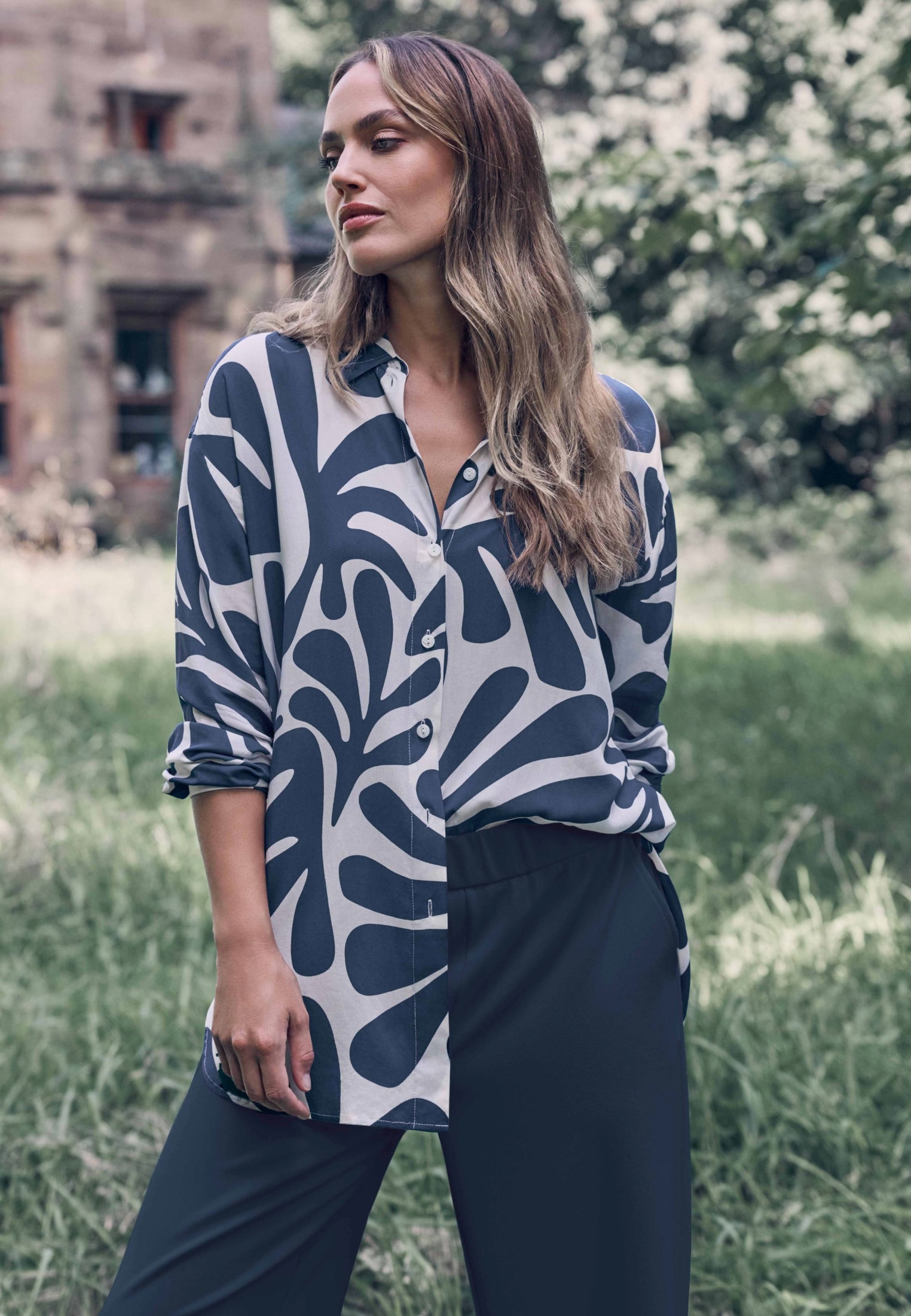 Zero Klassische Bluse »Oversized-Bluse mit Blattmuster«