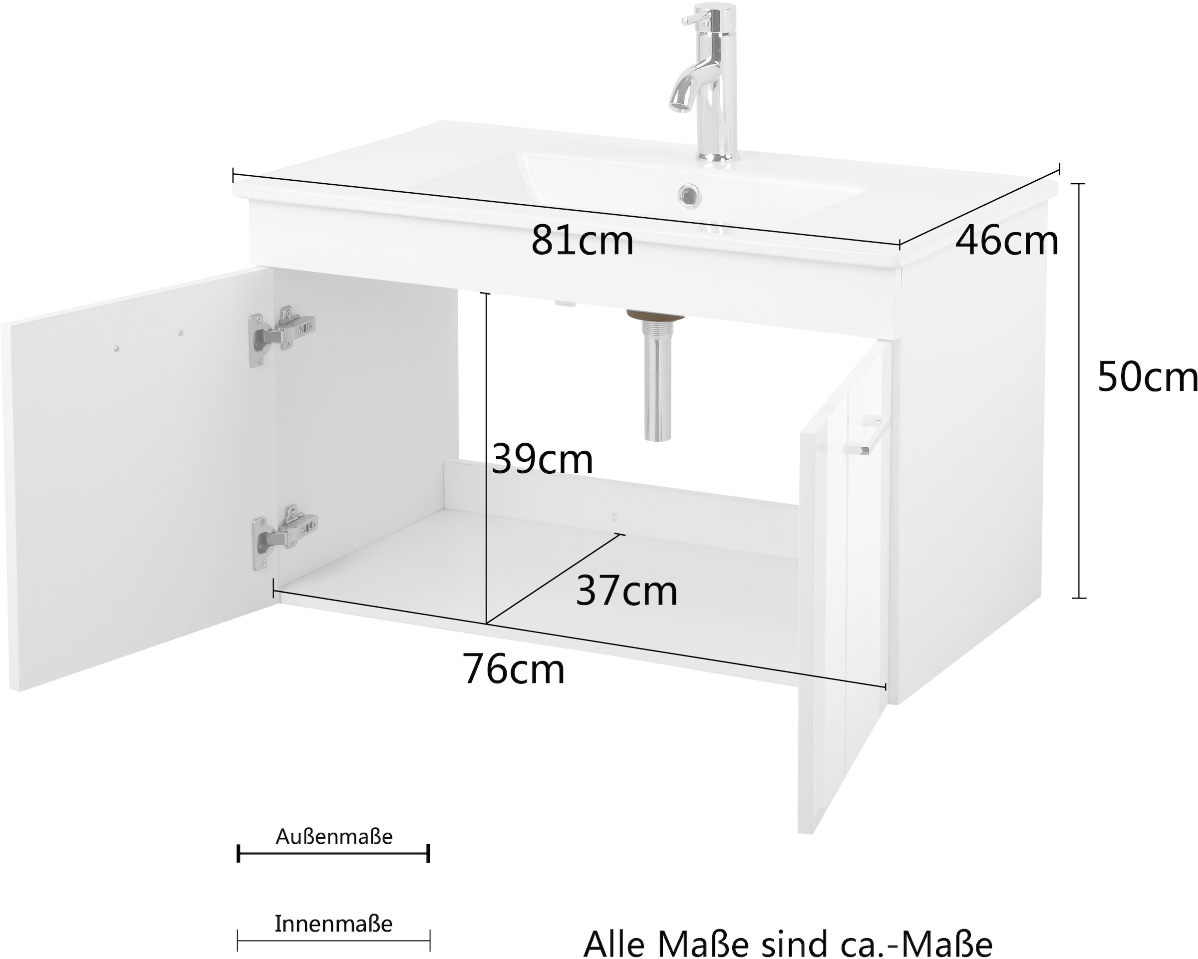 welltime Waschtisch »Florenz, Breite 60cm, 2 Tür, 2 Fächer, MDF-Front«, Waschplatz mit 2 Türen,in verschiedenen Farben erhältlich, Badmöbel