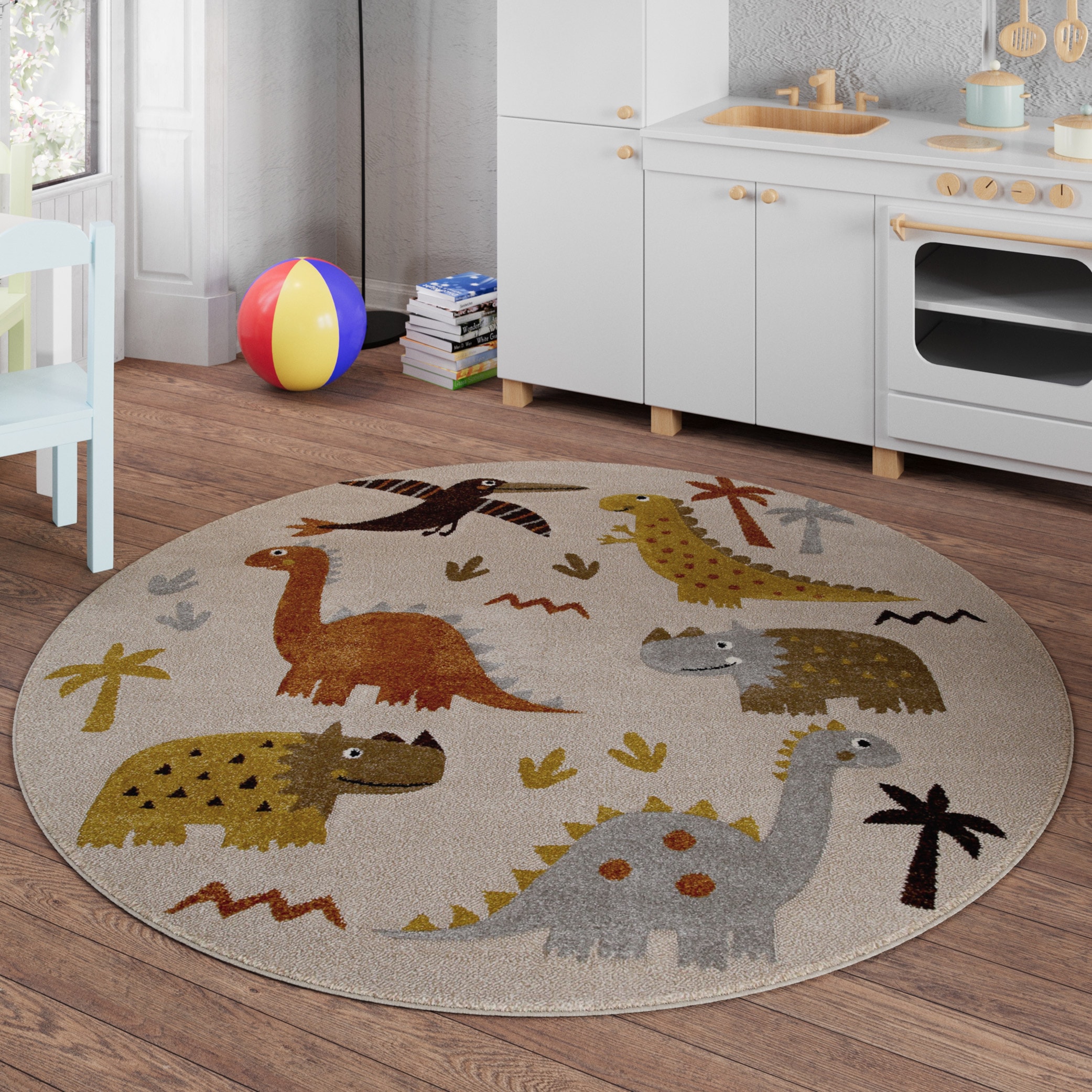 SMART KIDS Kinderteppich »T-Rex & Friends«, rund, 10 mm Höhe, Moderner Spielteppich, strapazierfähig, pflegeleicht, Konturenschnitt