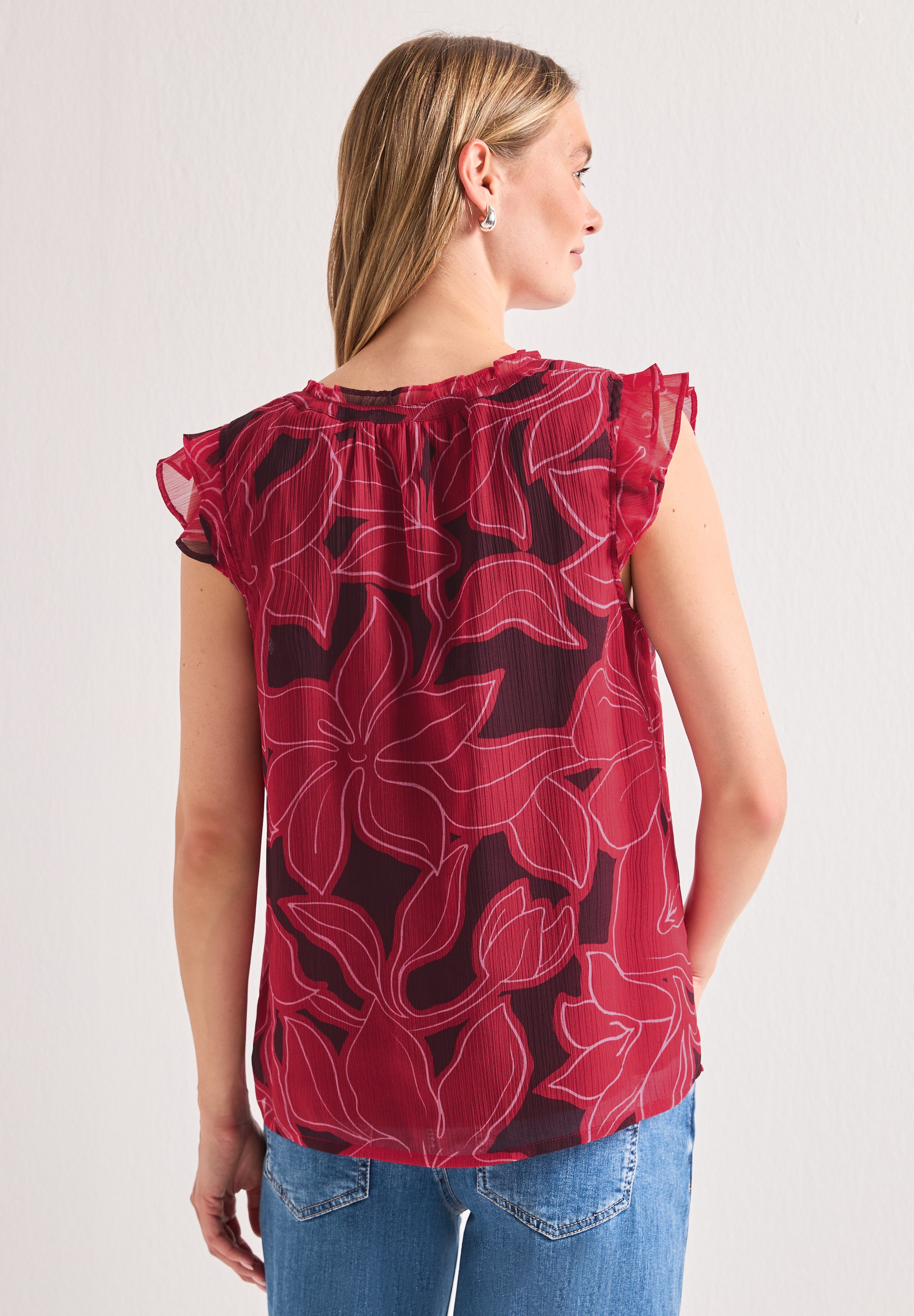 STREET ONE Blusentop weich fallende Chiffon-Qualität, ärmellos mit Rüschen, V-Ausschnitt