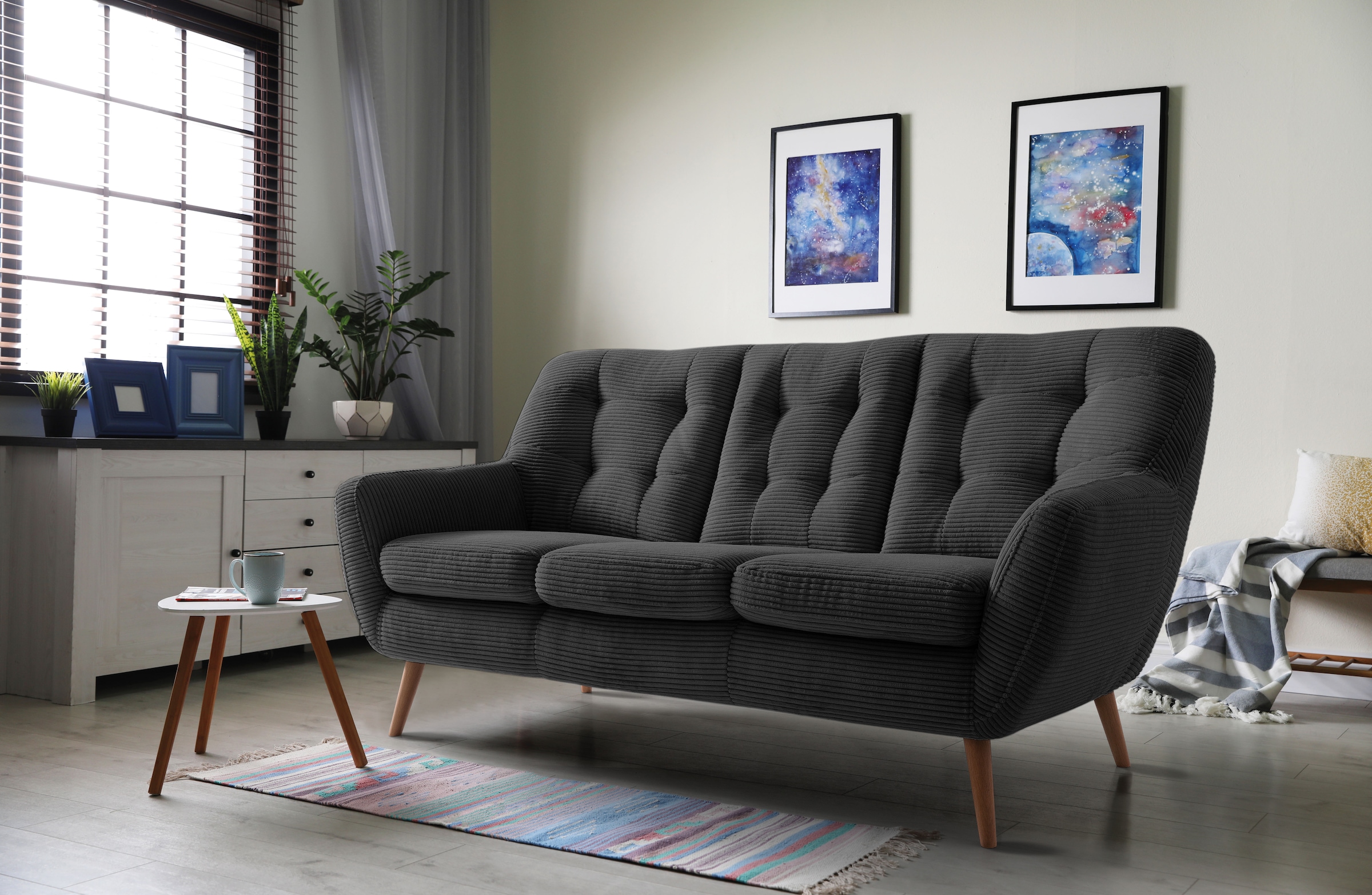 exxpo - sofa fashion 3-Sitzer »Scandi, bequem, aufwendige Rückenpolsterung für mehr Sitzkomfort«, aktuelle Farben in hochwertigen Bezugsqualitäten, Holzfuß
