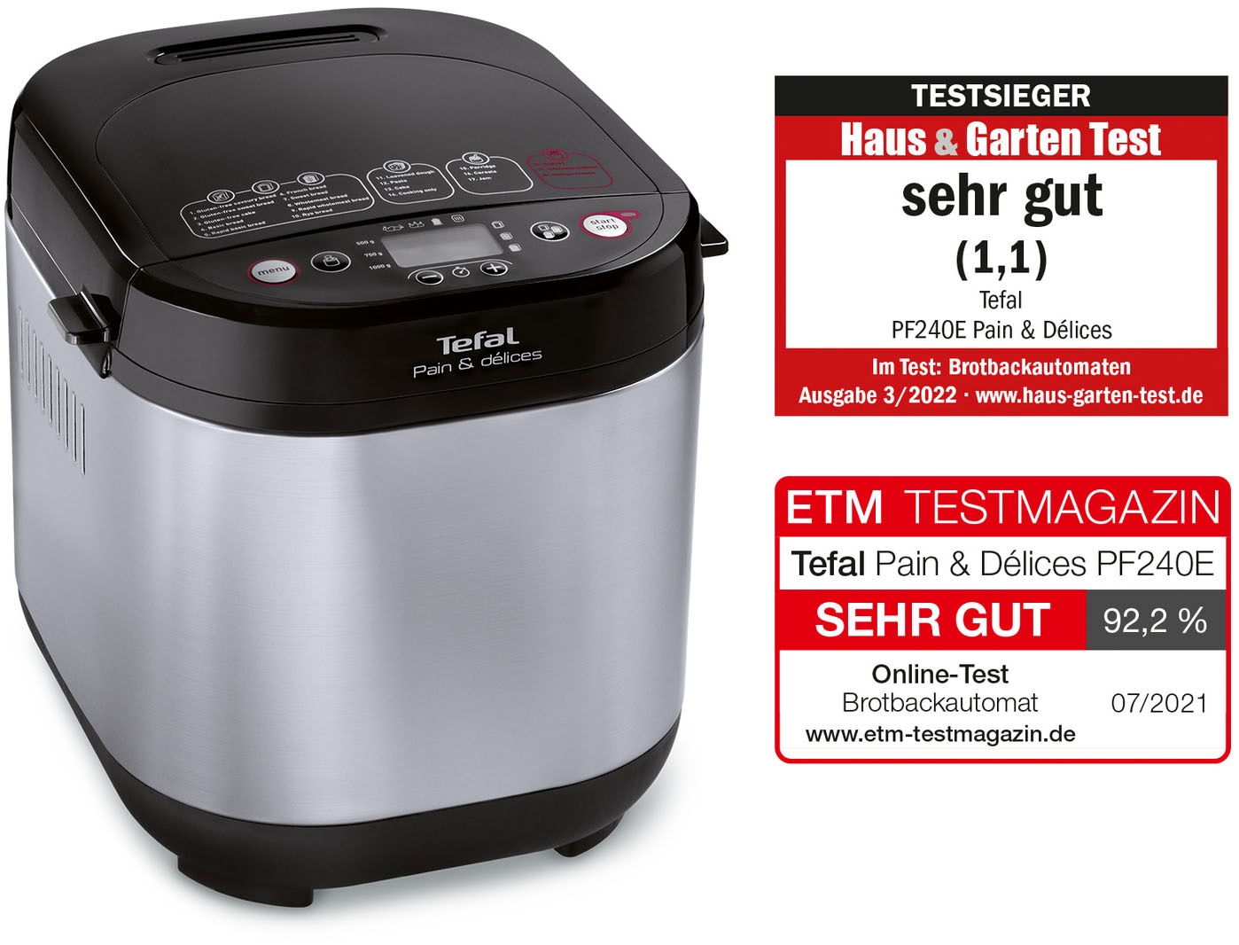 Tefal Brotbackautomat »Pain & Délices, 20 Backprogramme, 3 Brotgrößen und Bräunungsgrade«, 20 Programme, 610 W, auch für Pizza-/Nudel-/Kuchenteig, antihaftbeschichtete Form, PF240E