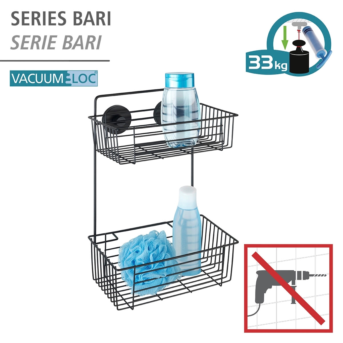 WENKO Duschregal »Vacuum-Loc® Wandregal 2 Etagen Bari Schwarz«, 2 Etagen
