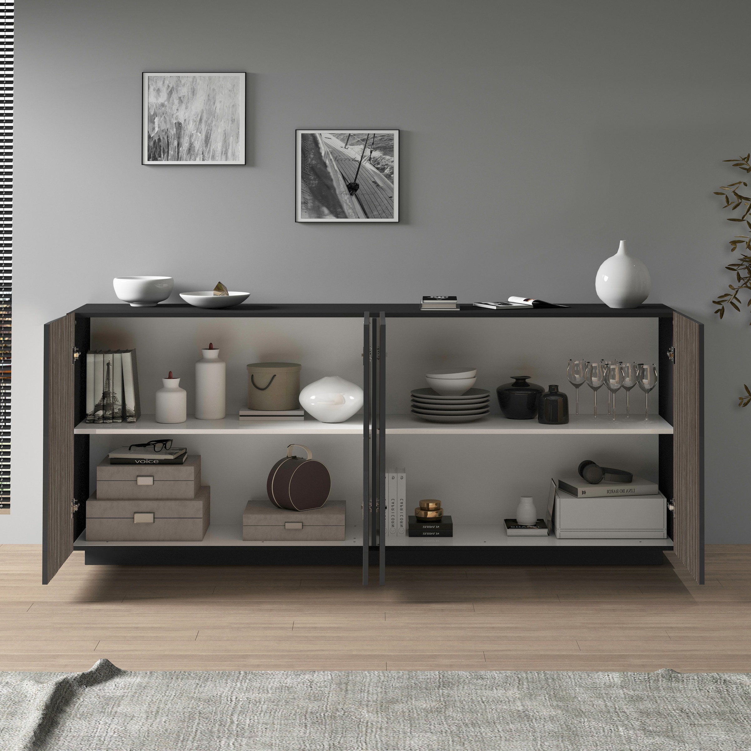 INOSIGN Sideboard »Vega Sideboard,Kommode,200 cm« mit 4 Türen,Fronten mit  Rillen-Optik