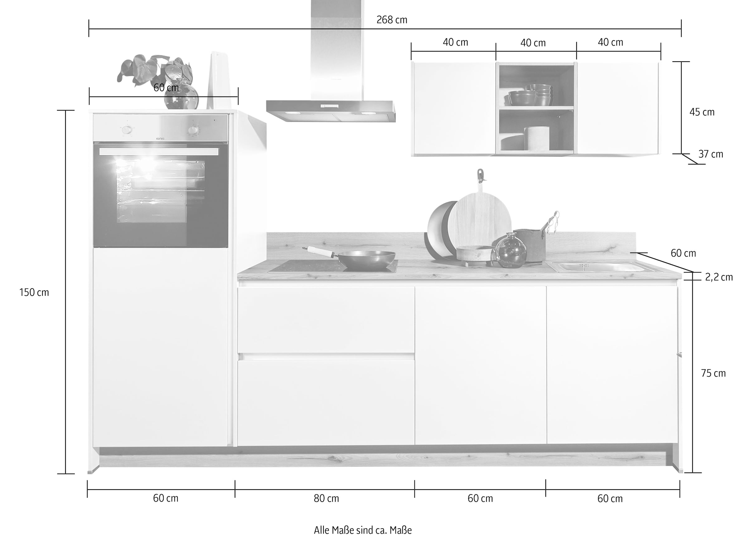 Kochstation Kücheninsel »KS-Sakura, vormontiert, mit Vollauszügen und höhenverstellbaren Füßen,«, vormontiert, wahlweise mit E-Geräten und Beleuchtung, Breite 268 cm
