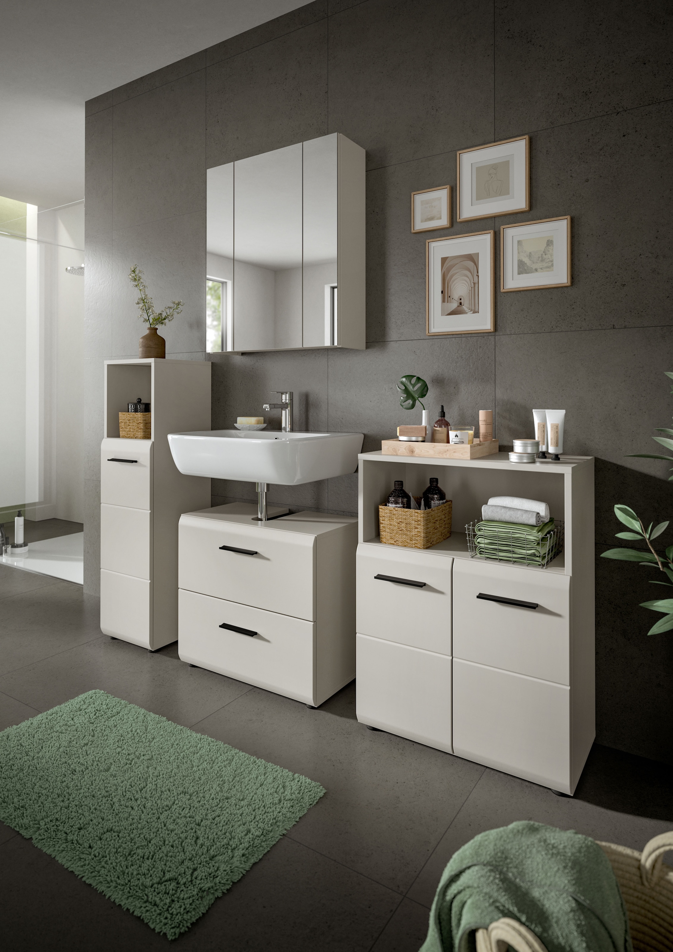 welltime Midischrank »FLORENZ,  Breite 60 cm, 2 Türen, 1 Fachboden, 1 offene Fach« TOPSELLER!, 1 Stk. tlg. hochwertige MDF Front, Griff schwarz, Badschrank, Bad