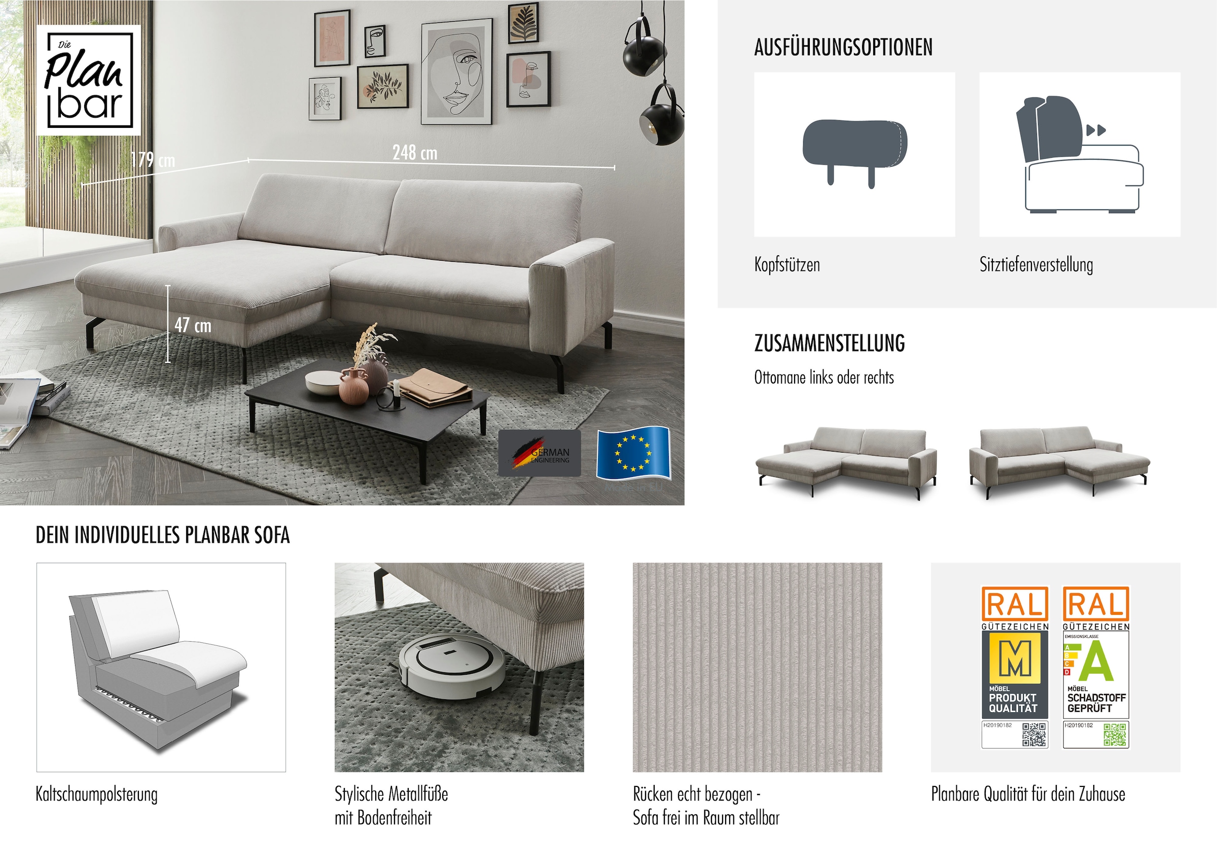 Die PlanBar Ecksofa wahlweise mit Kopfstützen und Sitztiefenverstellung