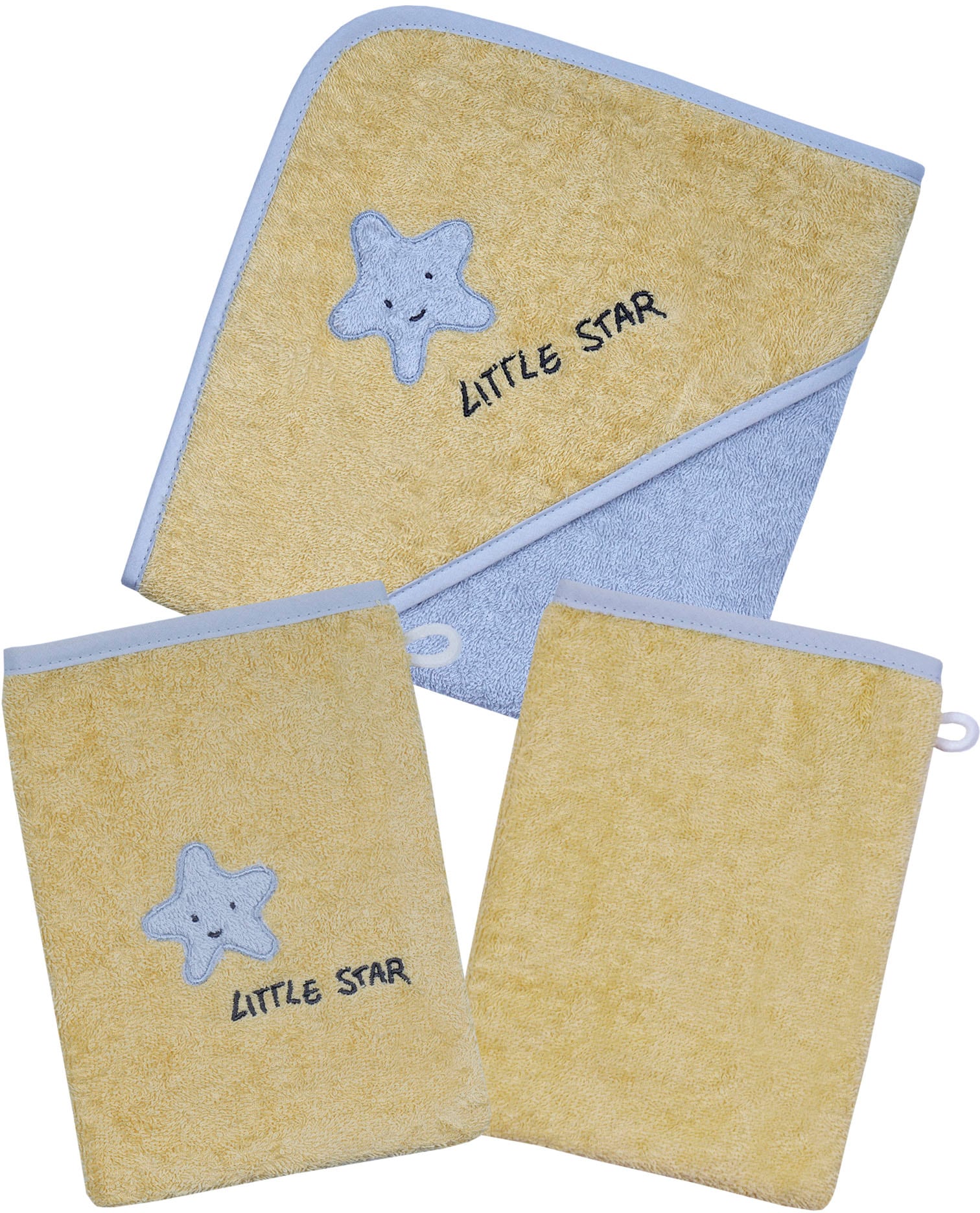 Wörner Handtuch Set »Little Star Kapuzenbadetuch mit 2 Waschhandschuhen«, (Spar-Set, 3 St.), mit Stickerei Stern mit Schriftzug