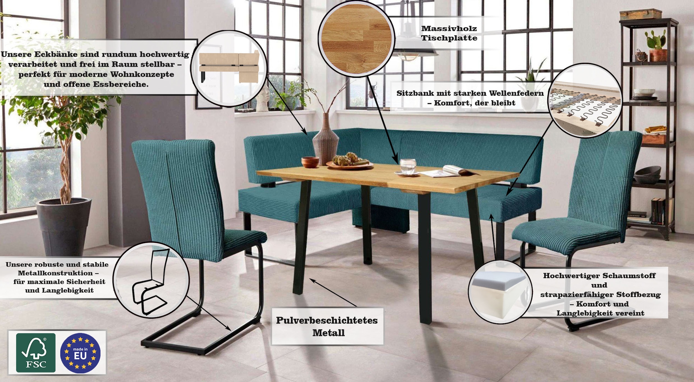 Home affaire Eckbankgruppe »Oliver«, (Set, 4 tlg., 4-tlg), Eckbank mit Wellenunterfederung im Sitz, Tisch Massiv Eiche