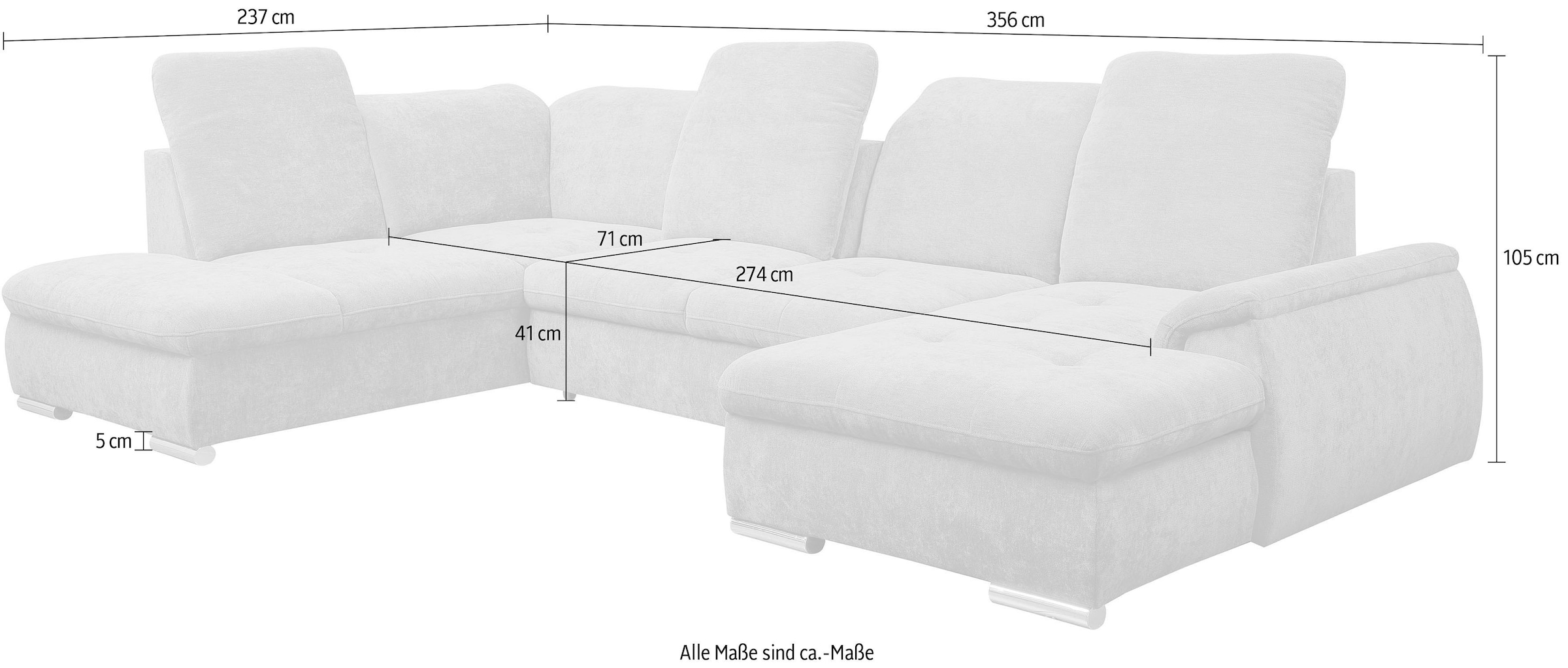 WERK2 Wohnlandschaft »Pula 356cm breit, Bett & Bettkasten, Kopfteil- & Sitztiefenverstellung« U-Form, XXL, Schlaffunktion, Bettkasten, verstellbare Kopfteile