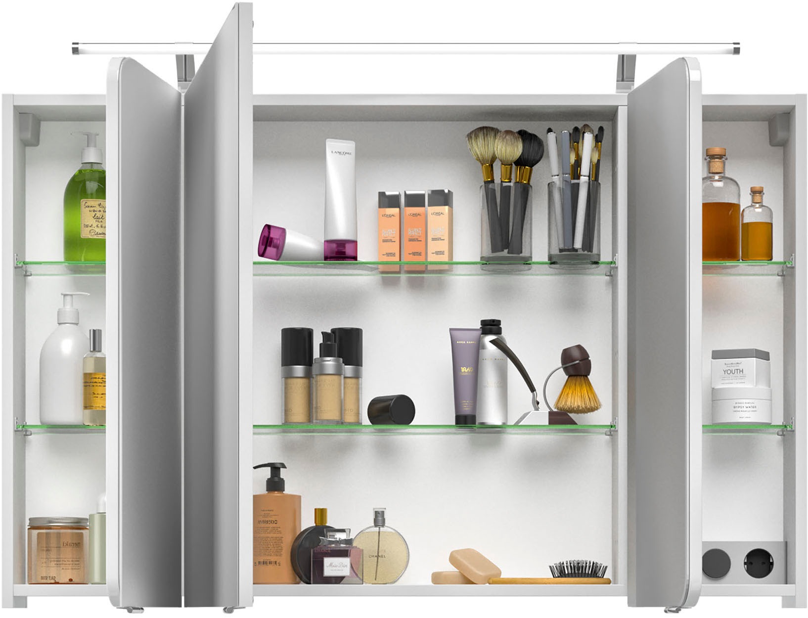 Saphir Badmöbel-Set »Serie 4005, vormontiert, Glaswaschbecken, Spiegelschrank«, (Set, 6 St.), Badezimmer-Set mit Unterschrank, Hängeschrank, Midischrank, Türdämpfer