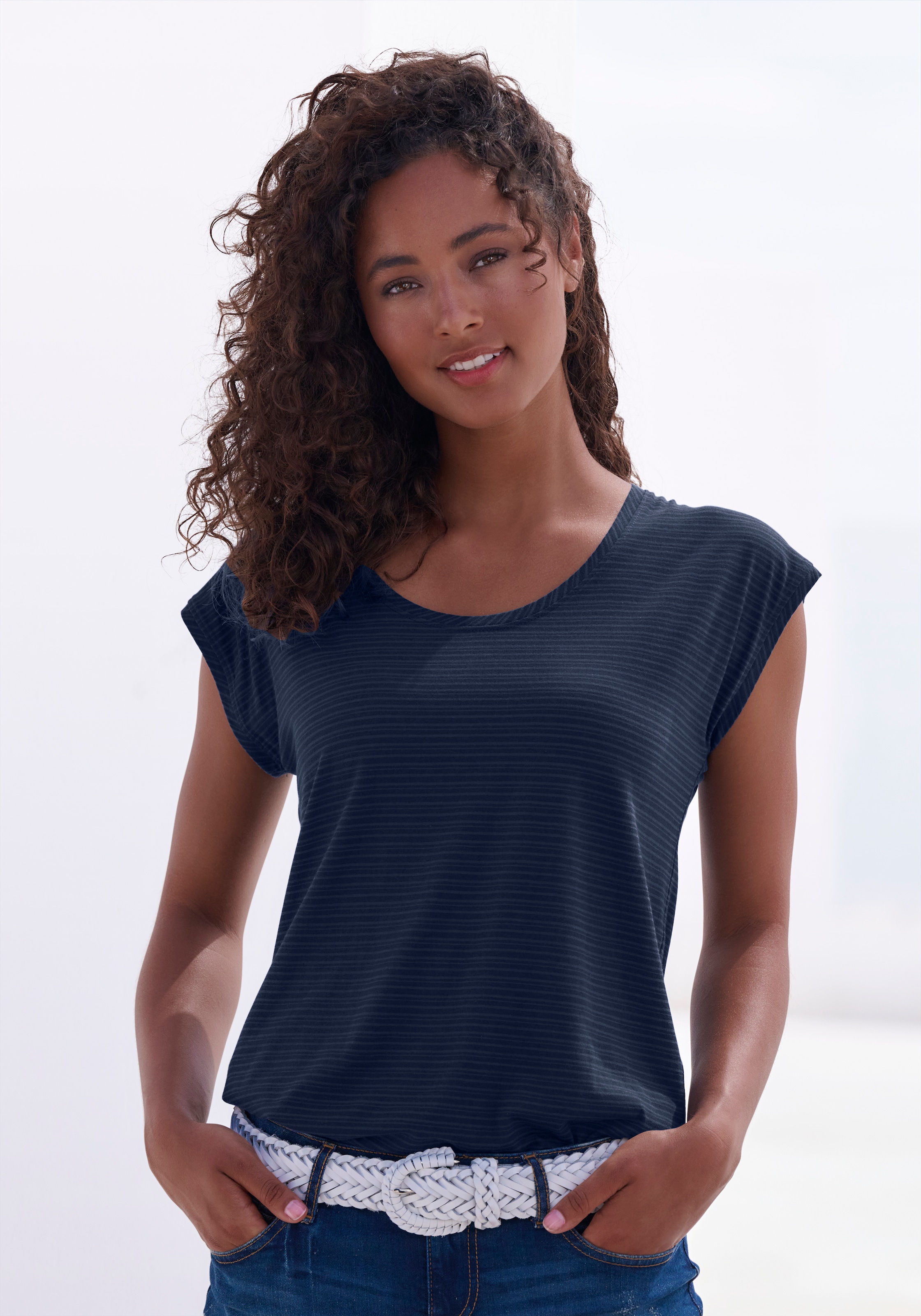 Beachtime Kurzarmshirt »mit leicht transparenten Streifen«, (2er-Pack), aus weicher Baumwoll-Viskose-Qualität
