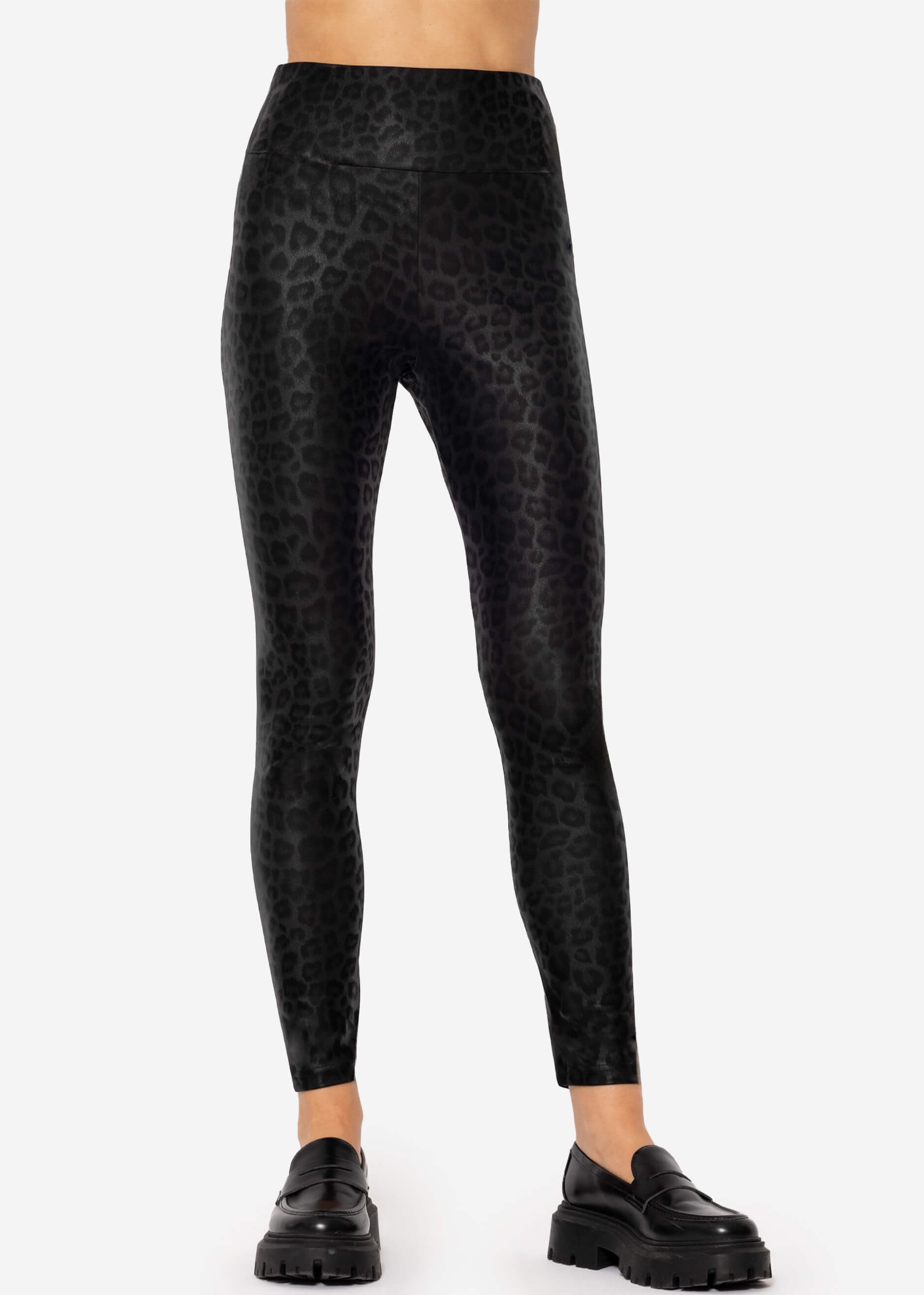 SASSYCLASSY Leggings »Kunstleder Leggings mit Leo Print«  High-Rise Leggings aus weichem Stretch mit breitem Bund Schwarz