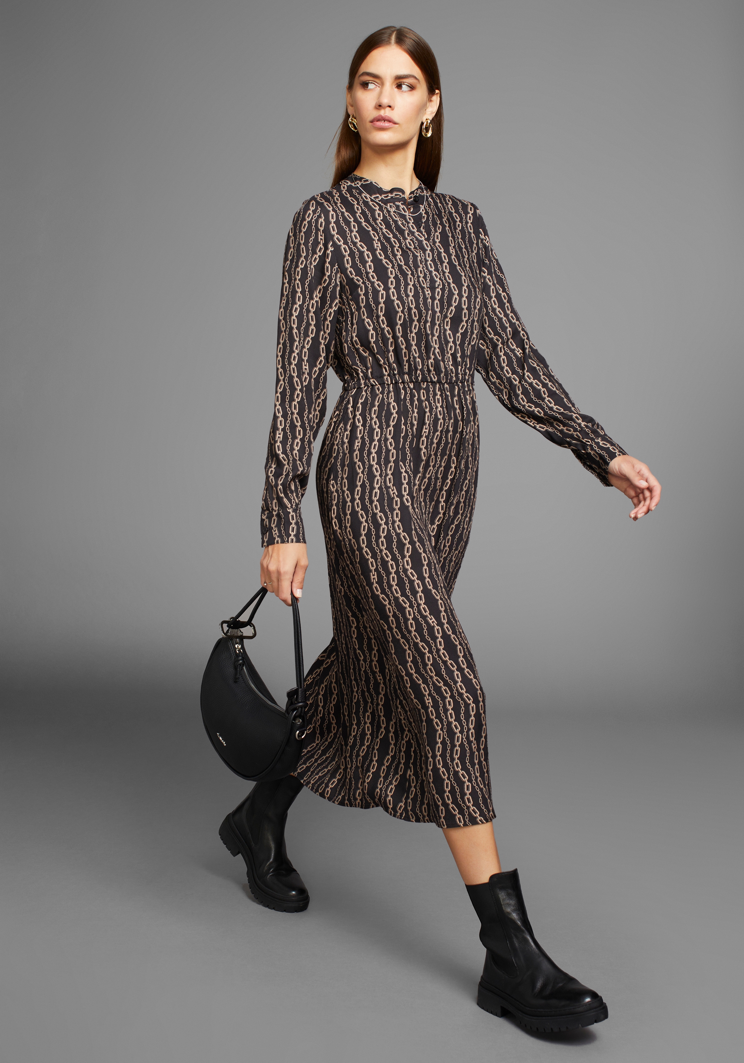 Hechter Paris Damen Midikleid Eingrifftasche mit modischem Allover-Print in schwarz, Größe 46