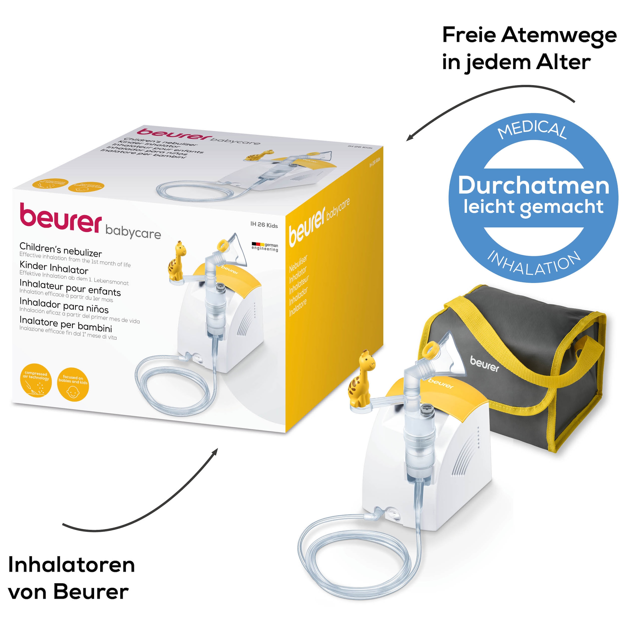 BEURER Inhalationsgerät »IH 26 Kinder Inhalator, Behandlung der oberen und unteren Atemwege«, (Set, 12 tlg.), Kinderfreundliches Design, zur Anwendung bei Erkältung, Asthma, etc.