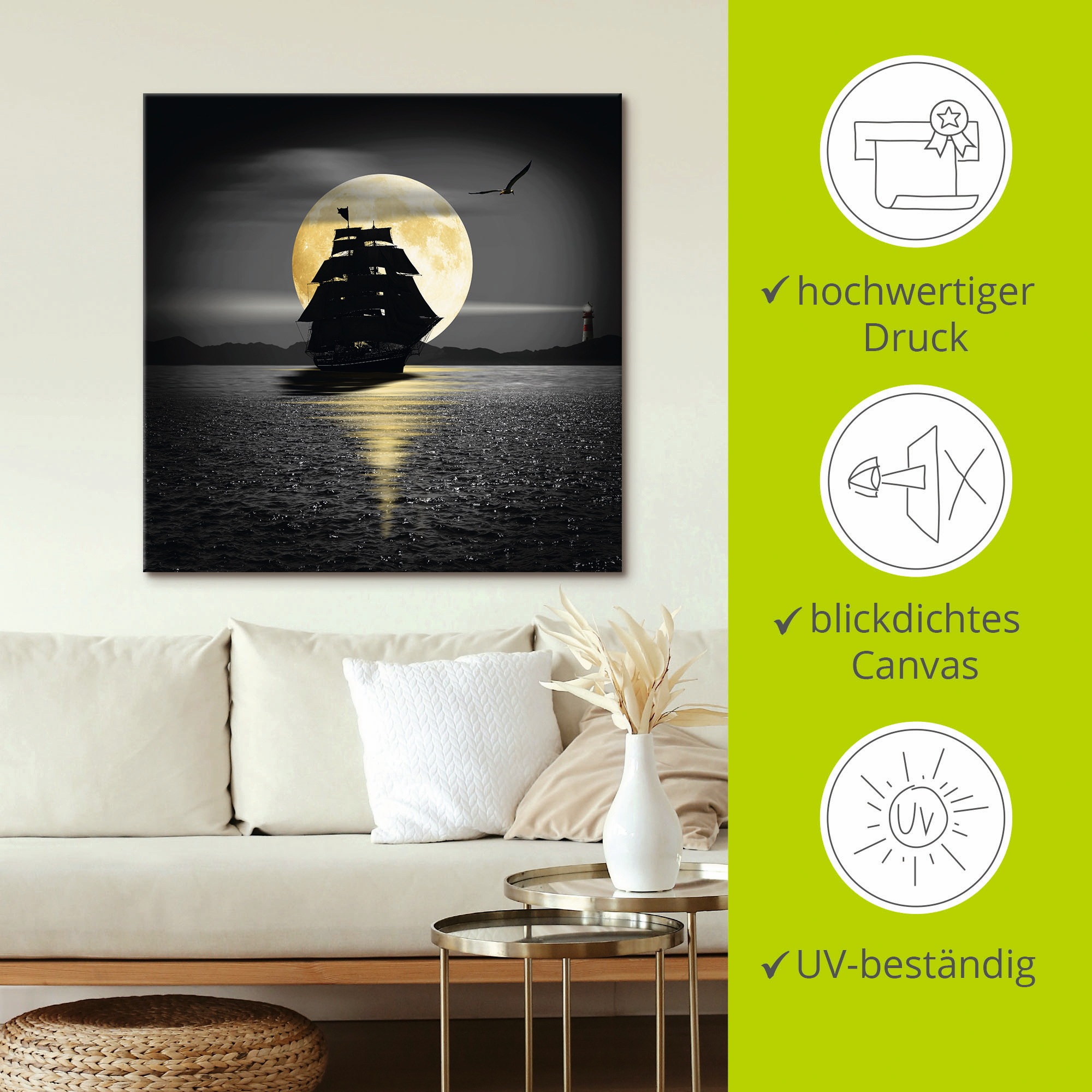 Artland Wandbild »Ein Schiff mit schwarzen Segeln«, Boote & Schiffe, (1 St.), als Leinwandbild, Poster, Wandaufkleber in verschied. Größen