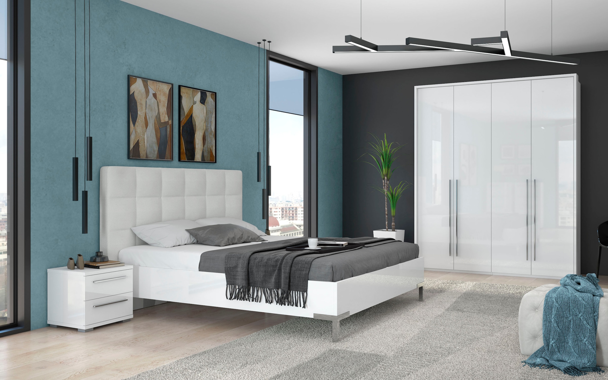 Places of Style Kleiderschrank »Piano, inklusive Rahmen und Beleuchtung, soft-close-Funktion«, (viele Breiten zur Auswahl, 226cm hoch), beige oder weiß, UV lackiert, Hochglanzfronten, FSC-zertifiziert