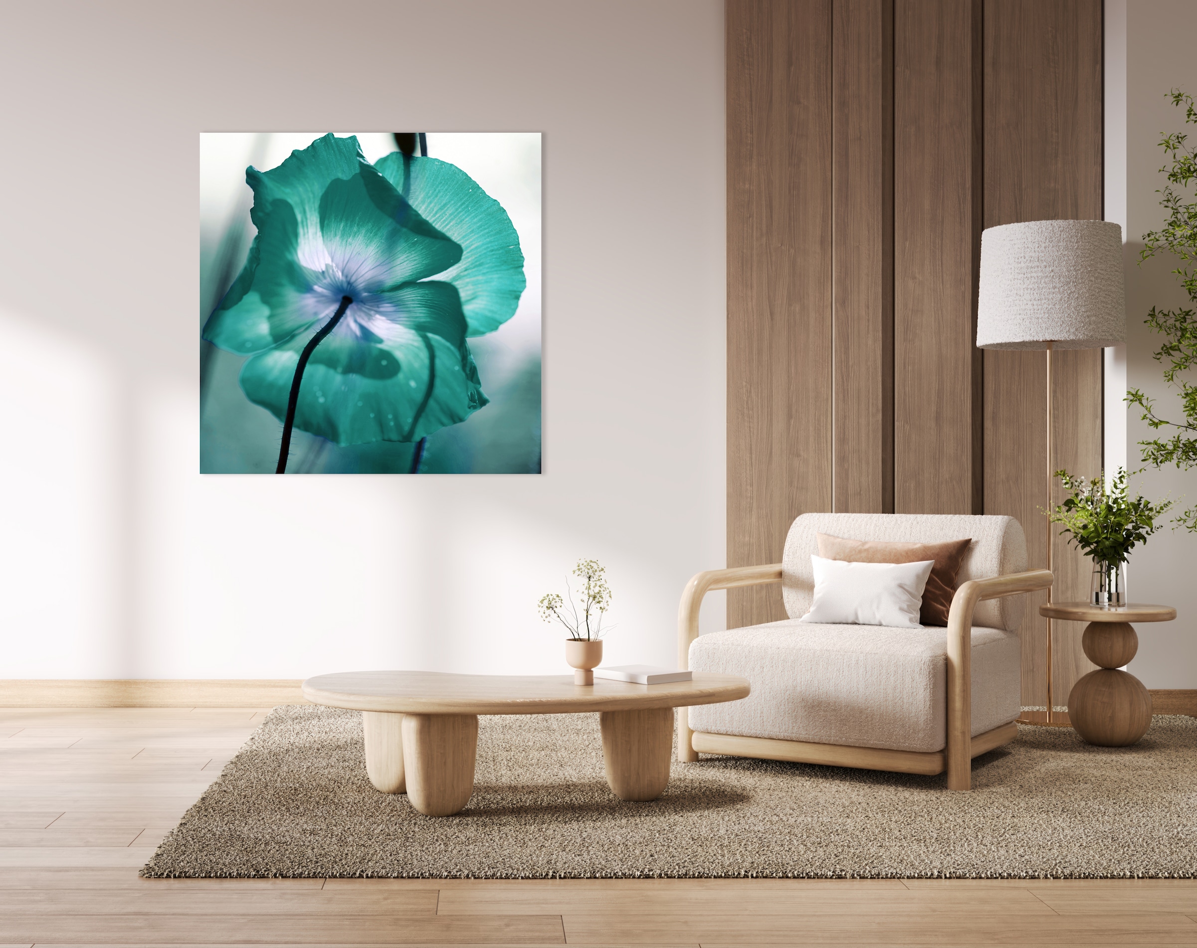 queence Acrylglasbild »Blüte in Türkis, Nahaufnahme Pflanze« 1 Stk. tlg. mit schwebender 3D Tiefenwirkung, dank der rahmenlosen Befestigung