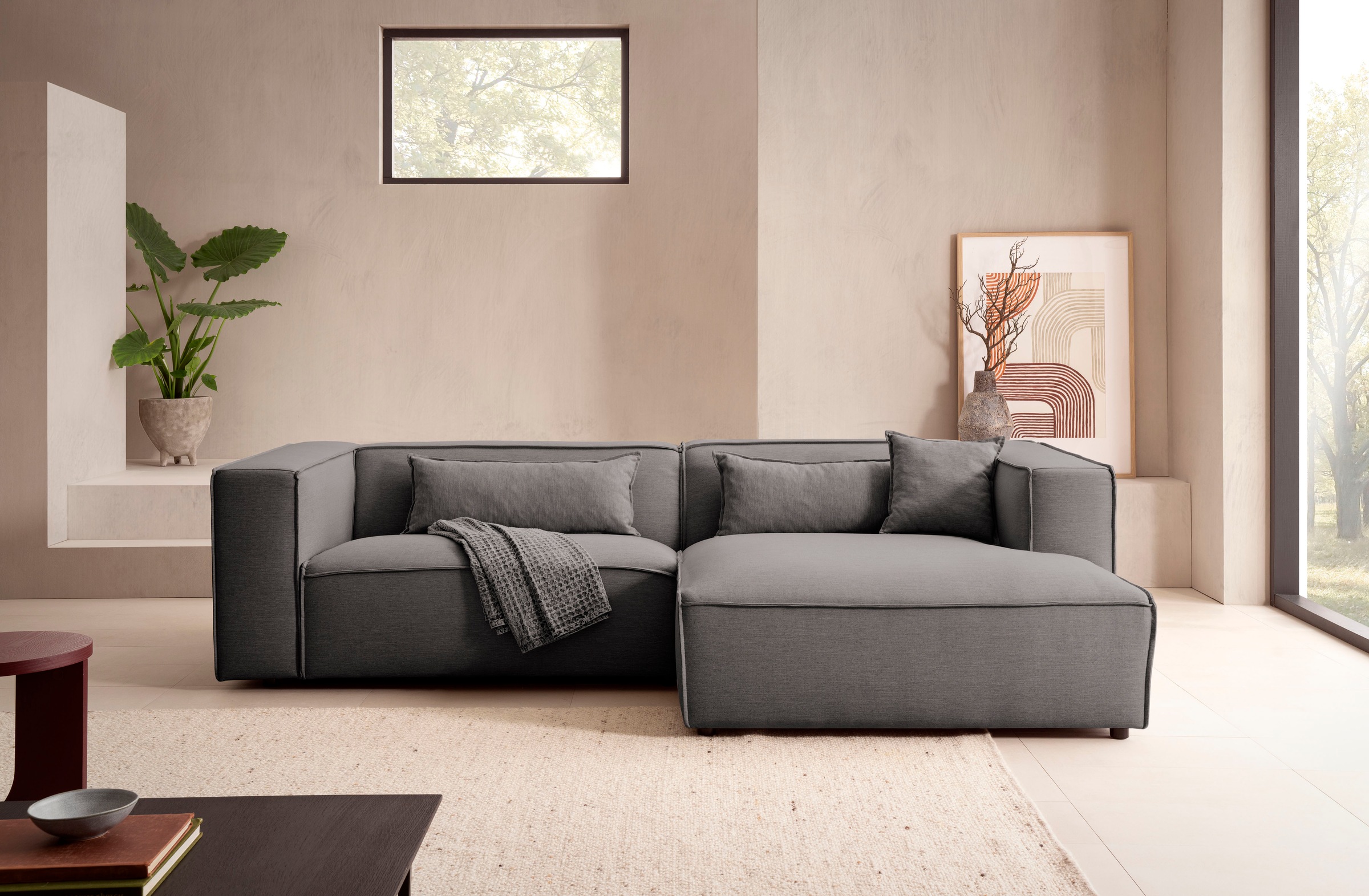 LeGer Home by Lena Gercke Ecksofa »PIARA mit Kedernaht in Cord oder Leinenoptik, moderne Couch in L-Form«, wahlweise Ottomane rechts/links, schwarze Füße, bequemer Sitzkomfort