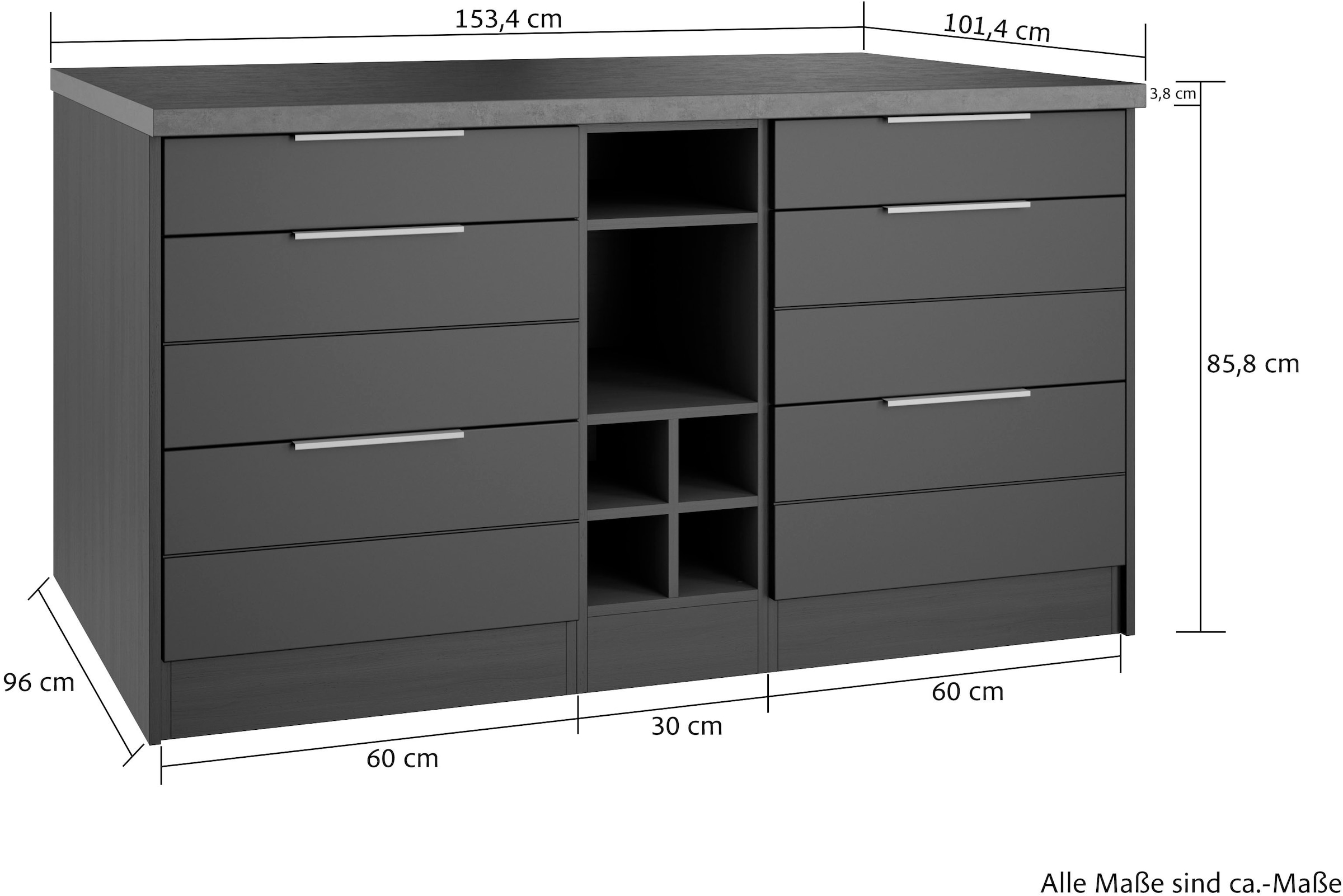KOCHSTATION Kücheninsel »KS-Luhe, Breite 153 cm, mit Flaschenregal« MDF-Fronten, Arbeitsplatte 38mm stark