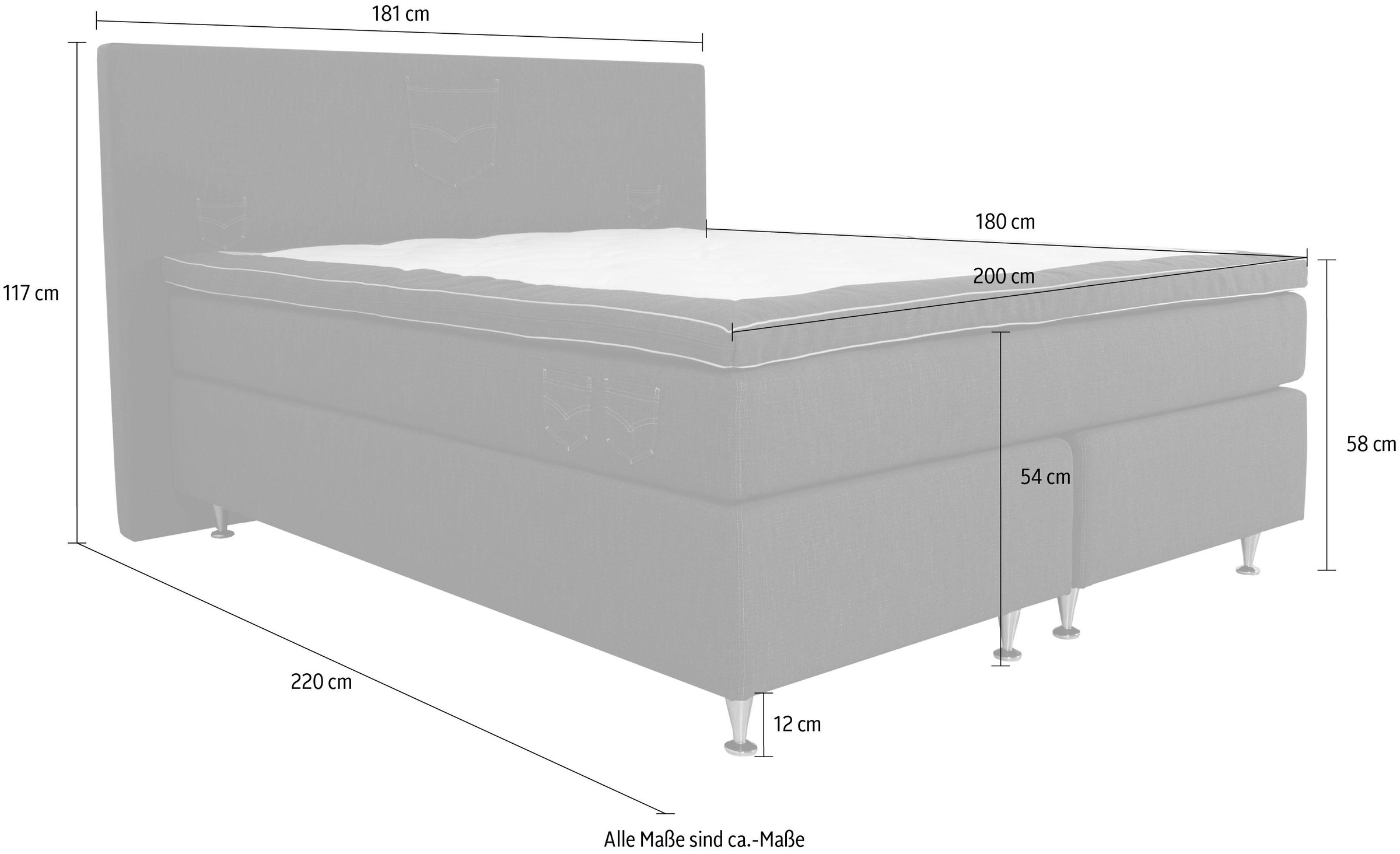 INOSIGN Boxspringbett »Zahara«, inkl. Topper, besonderes Highlight: aufgenähten Jeanstaschen - Optik