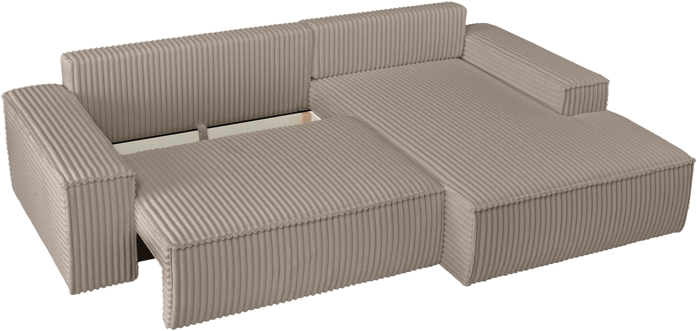 andas Ecksofa »Finnley Schlafsofa 267 cm in Bouclé, Struktur fein u. Cord, L-Form,«, Schlaffunktion m. Bettkasten (136/210 cm), Bouclé, Struktur und Cord