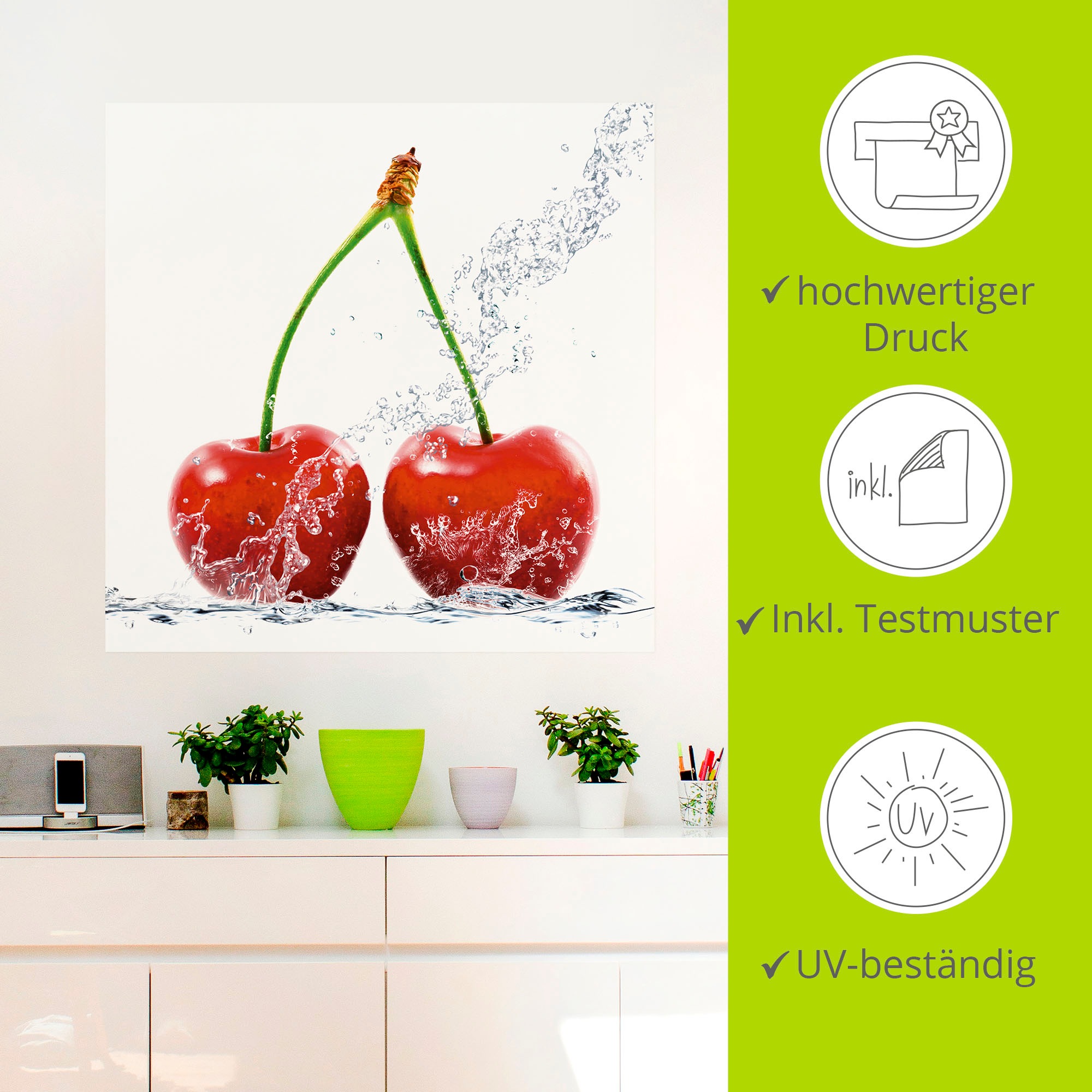 Artland Wandbild »Kirschen mit Spritzwasser«, Lebensmittel, (1 St.), als Leinwandbild, Wandaufkleber in verschied. Größen