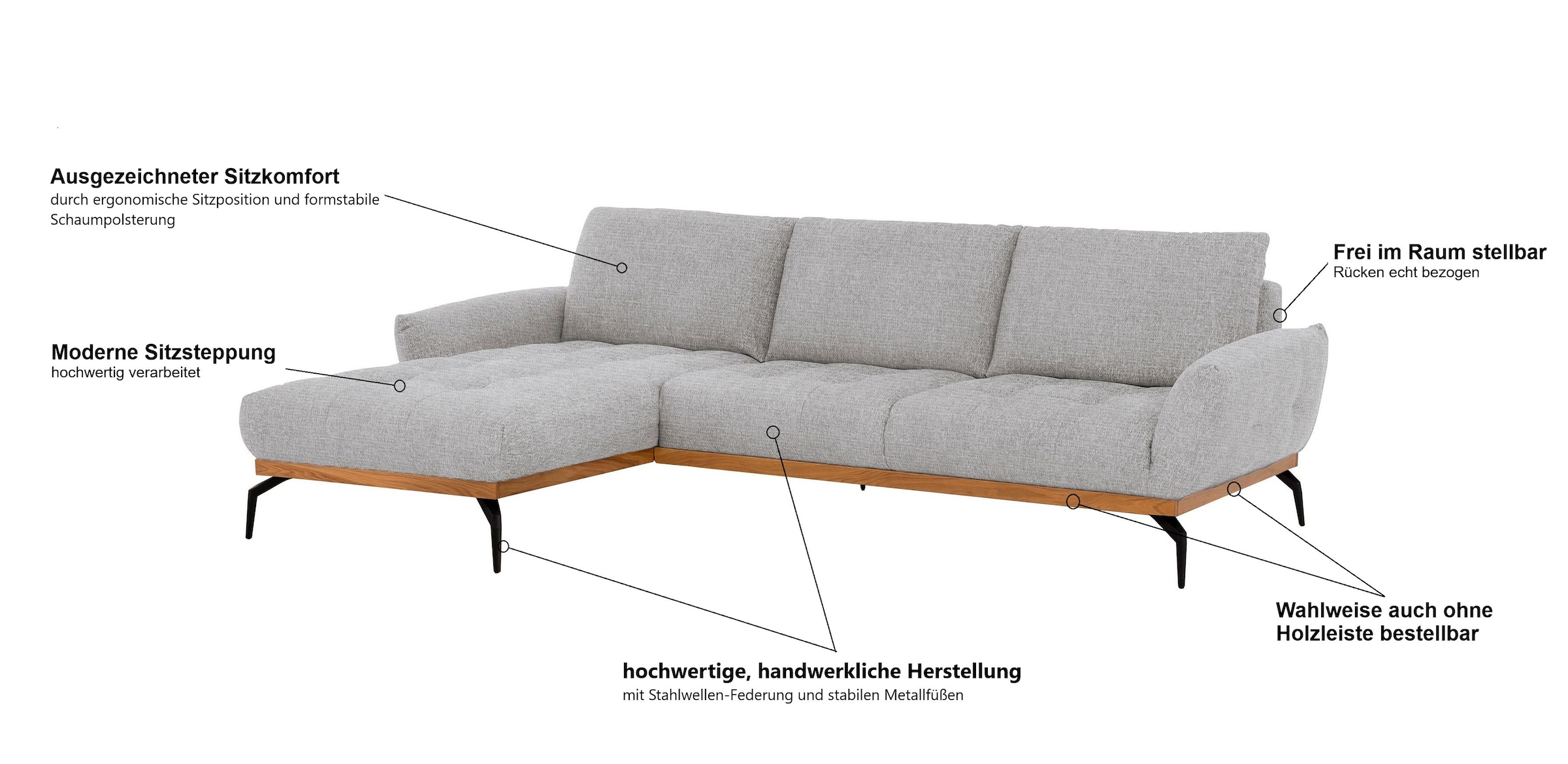 exxpo - sofa fashion Ecksofa »NICEA, erstklassiger Komfort, tolle Details, Holzsockel in eiche geölt«, In hochwertiger Verarbeitung und ergonomische Sitzposition